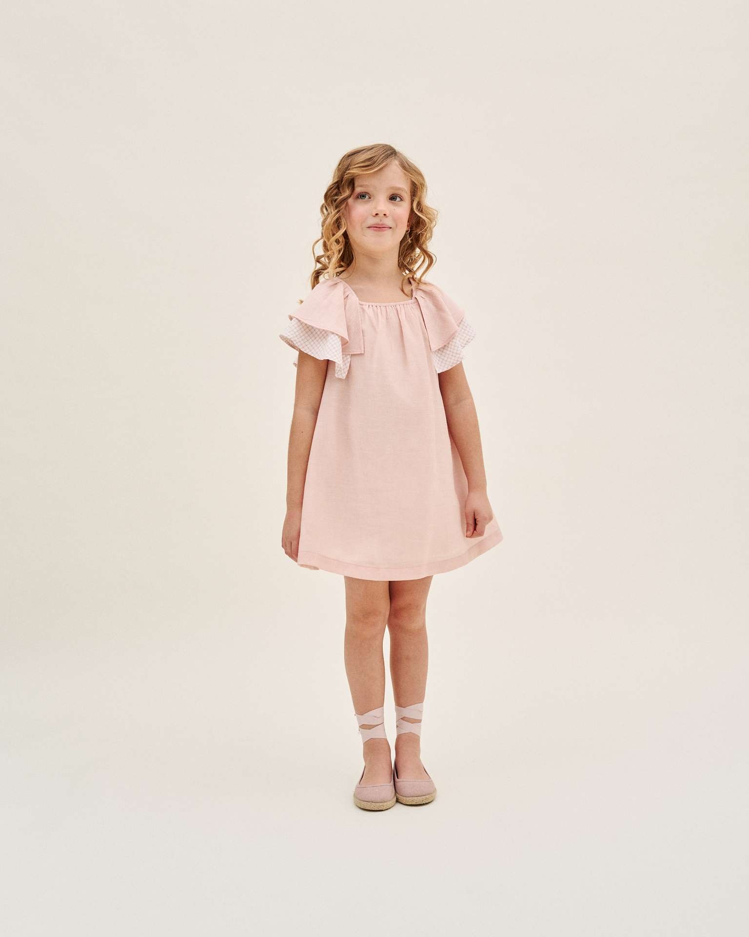 Vestido Infantil com Folho Duplo nas Mangas Dadati Rosa / Branco-1
