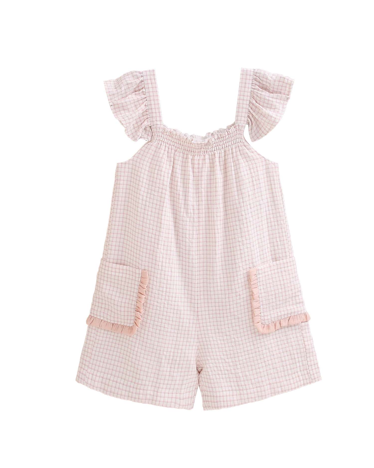 Macacão Infantil Curto Aos Quadrados com Folho nos Ombros e Bolsos Dadati Rosa-pastel-4