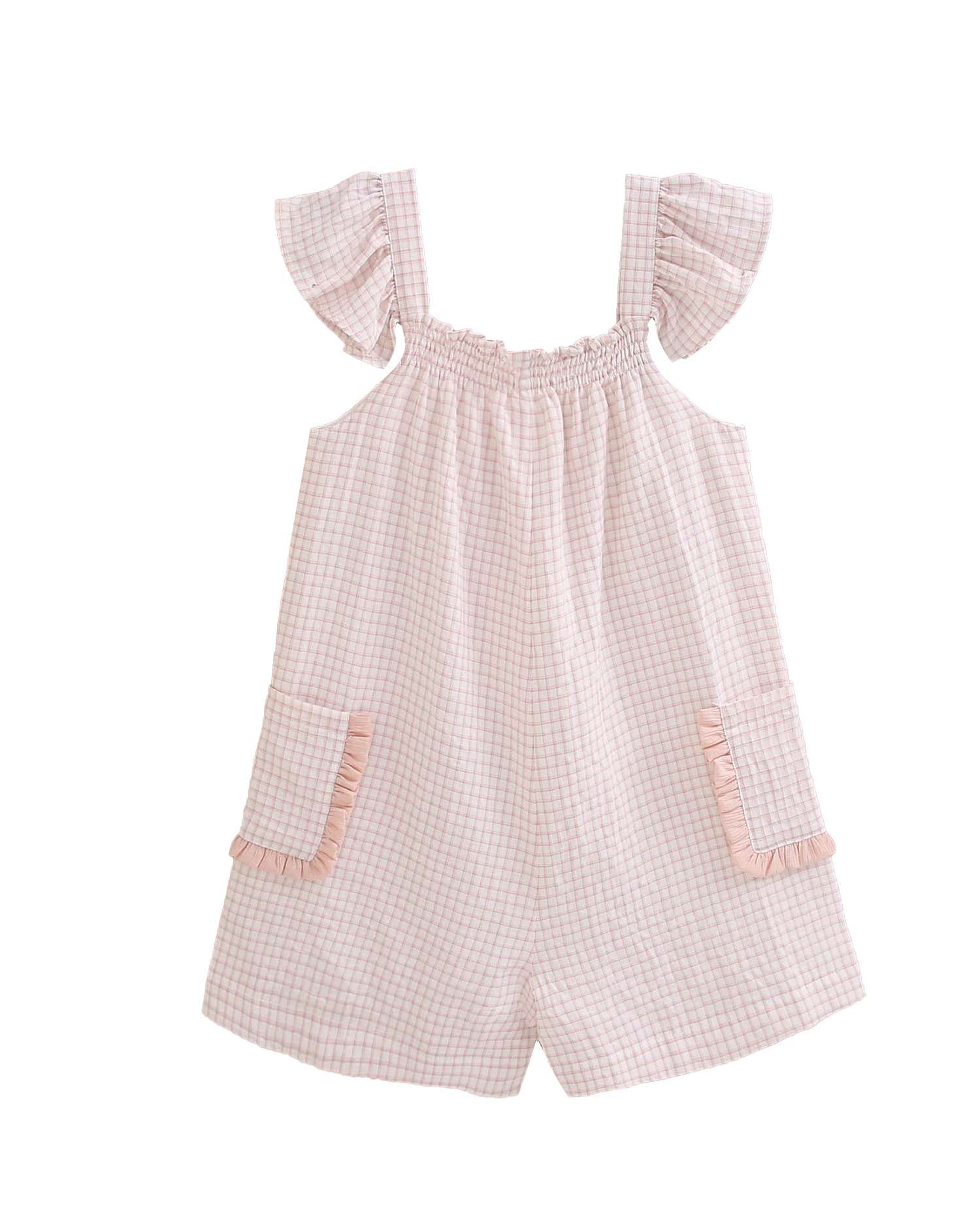 Macacão Infantil Curto Aos Quadrados com Folho nos Ombros e Bolsos Dadati Rosa-pastel-5