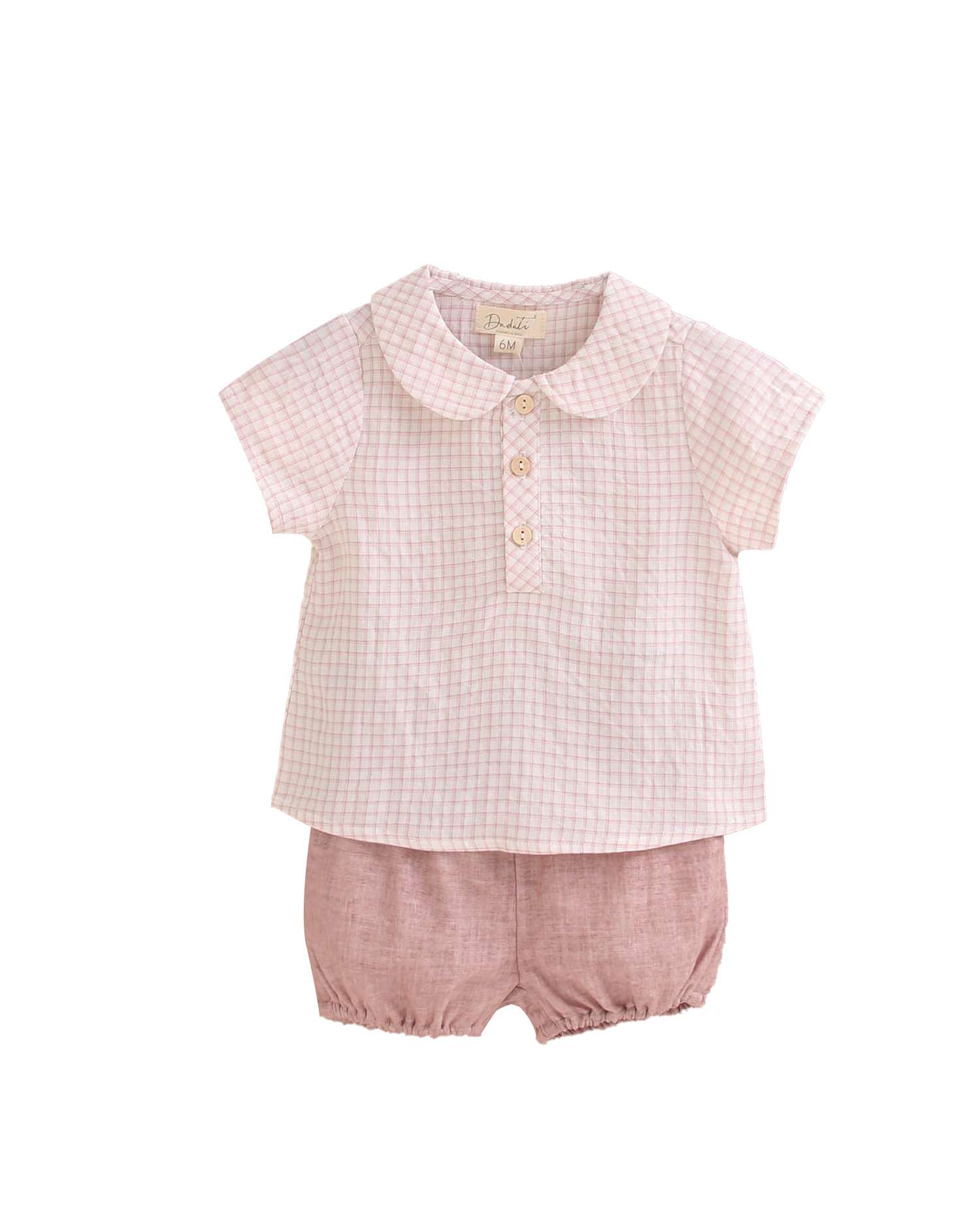 Conjunto para Bebé de Camisa Aos Quadrados e Calções com Lavagem Dadati Rosa-pastel-1
