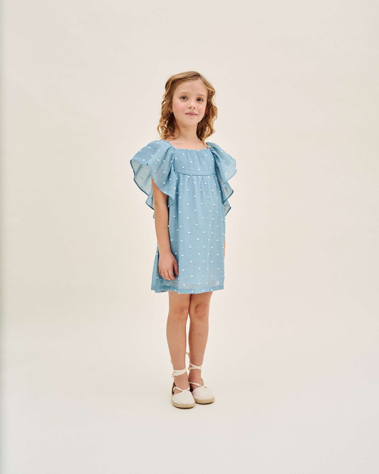 Vestido Infantil de Plumeti com Bolinhas e Manga Folho Dadati Azul-1
