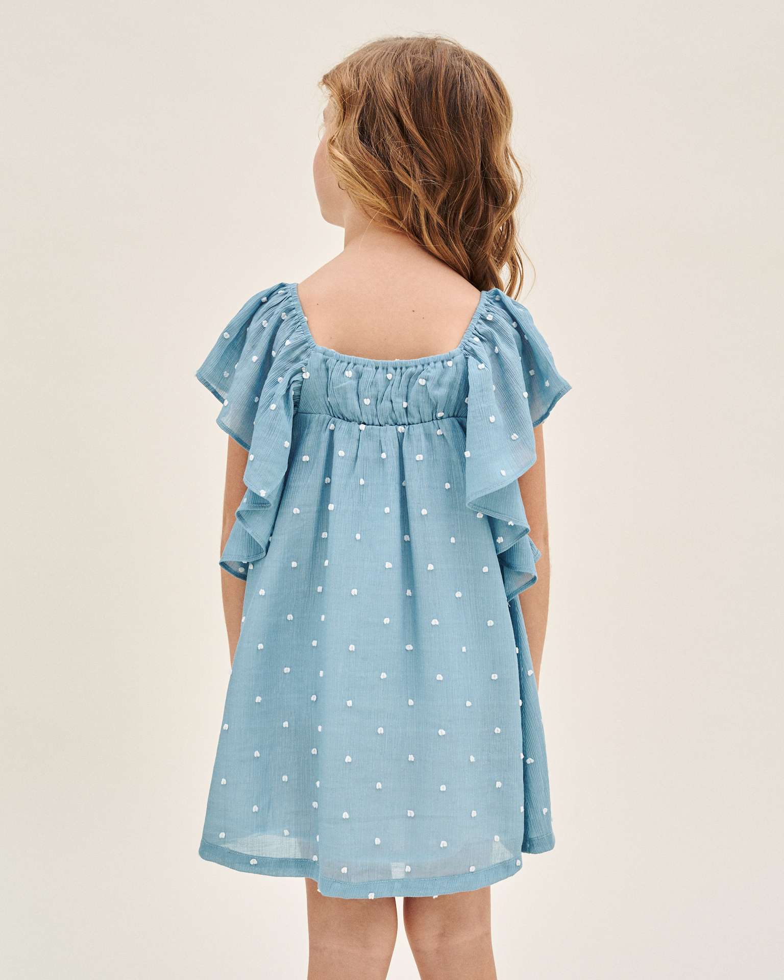 Vestido Infantil de Plumeti com Bolinhas e Manga Folho Dadati Azul-2