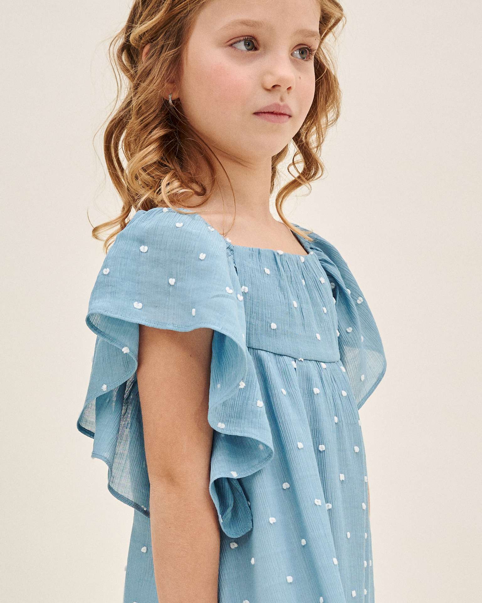 Vestido Infantil de Plumeti com Bolinhas e Manga Folho Dadati Azul-3