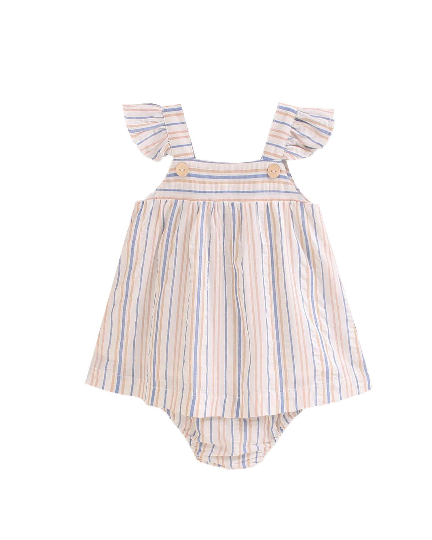 Vestido para Bebé Às Riscas com Folho nas Alças e Gola em Conjunto Dadati Mostarda-1