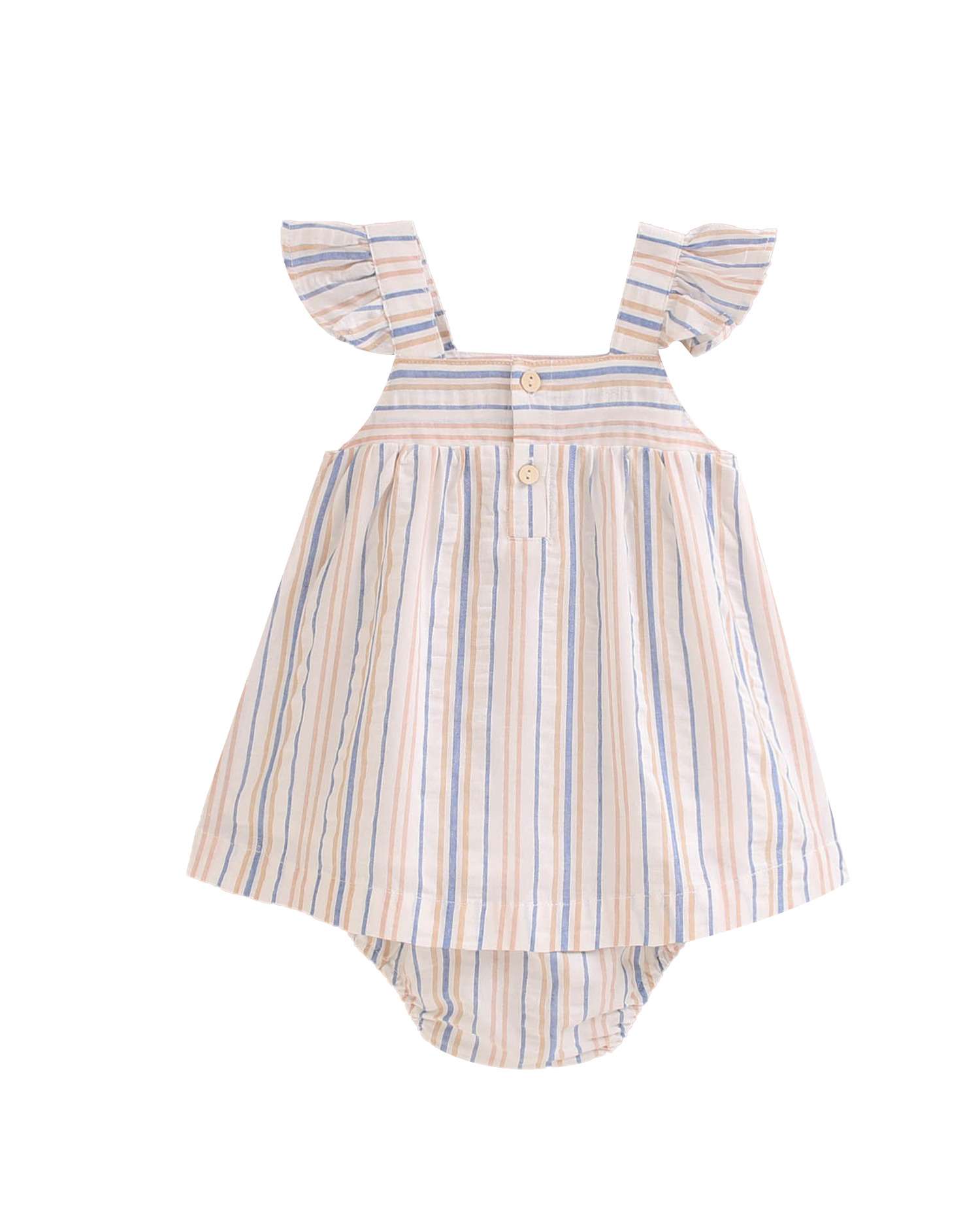 Vestido para Bebé Às Riscas com Folho nas Alças e Gola em Conjunto Dadati Mostarda-2