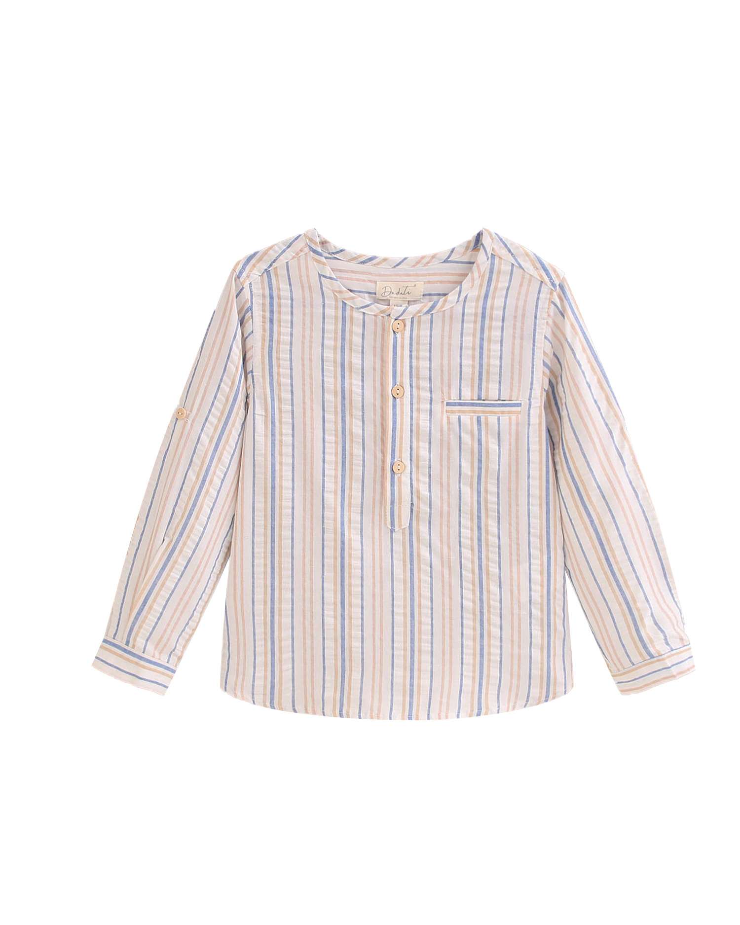 Camisa Infantil Às Riscas com Gola Redonda Mostarda-1