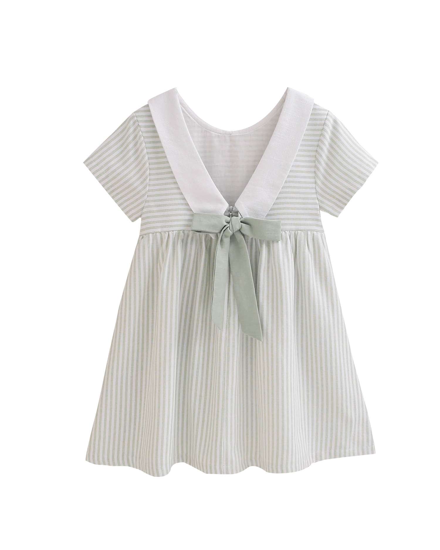 Vestido Infantil Às Riscas Pastel e com Costas em V e Laço Verde Água-4