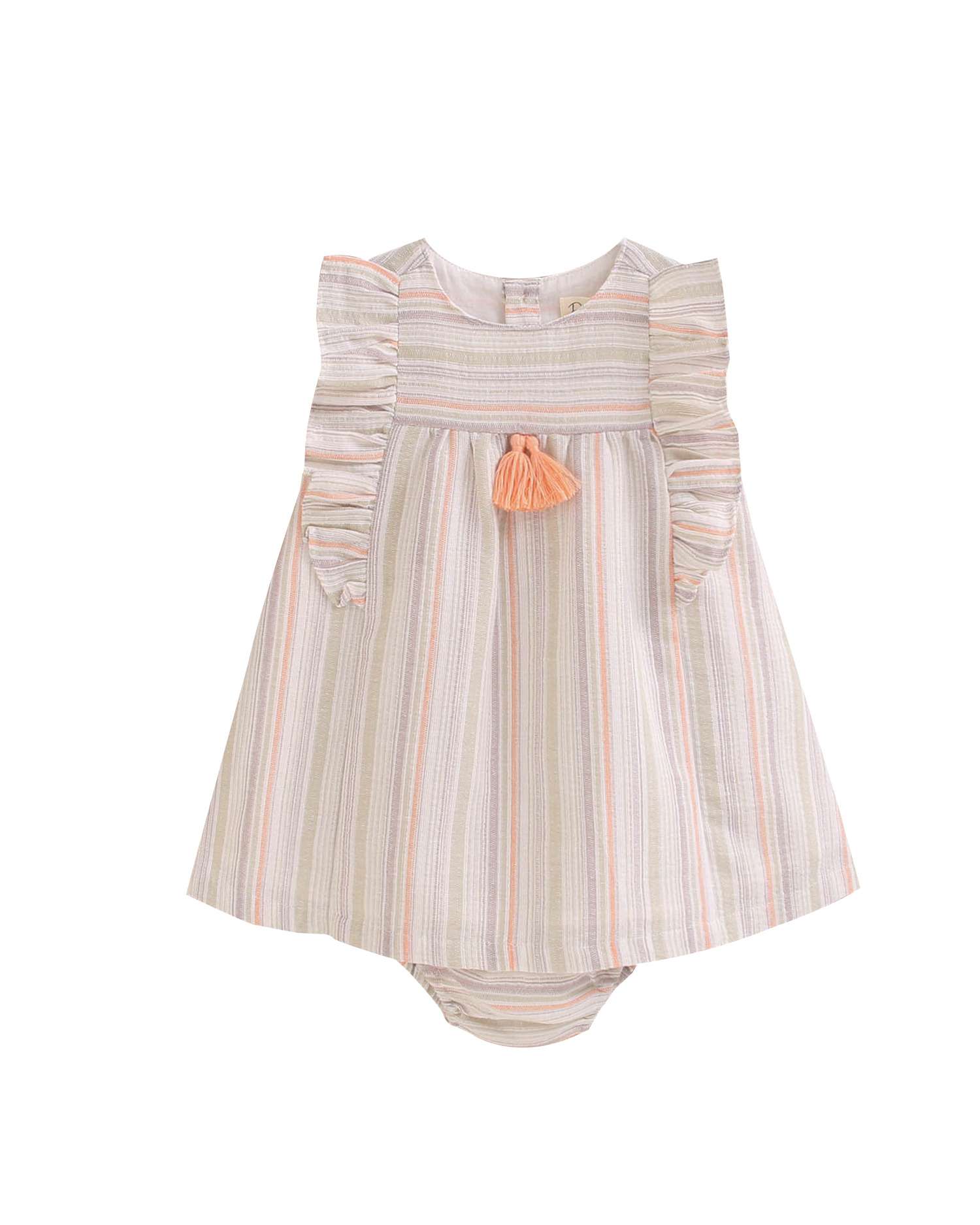 Vestido para Bebé Às Riscas com Pompom Central em Flúor e Gola em Conjunto Dadati Laranja-claro-1