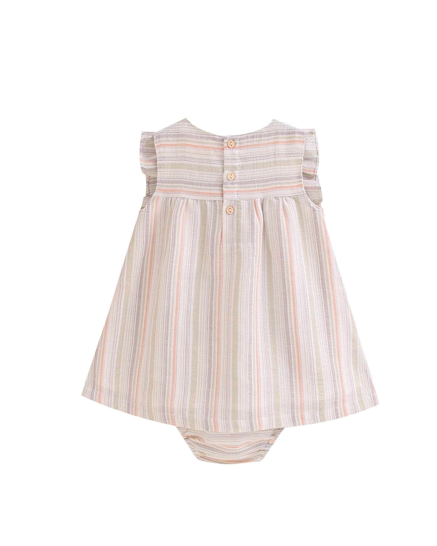 Vestido para Bebé Às Riscas com Pompom Central em Flúor e Gola em Conjunto Dadati Laranja-claro-2