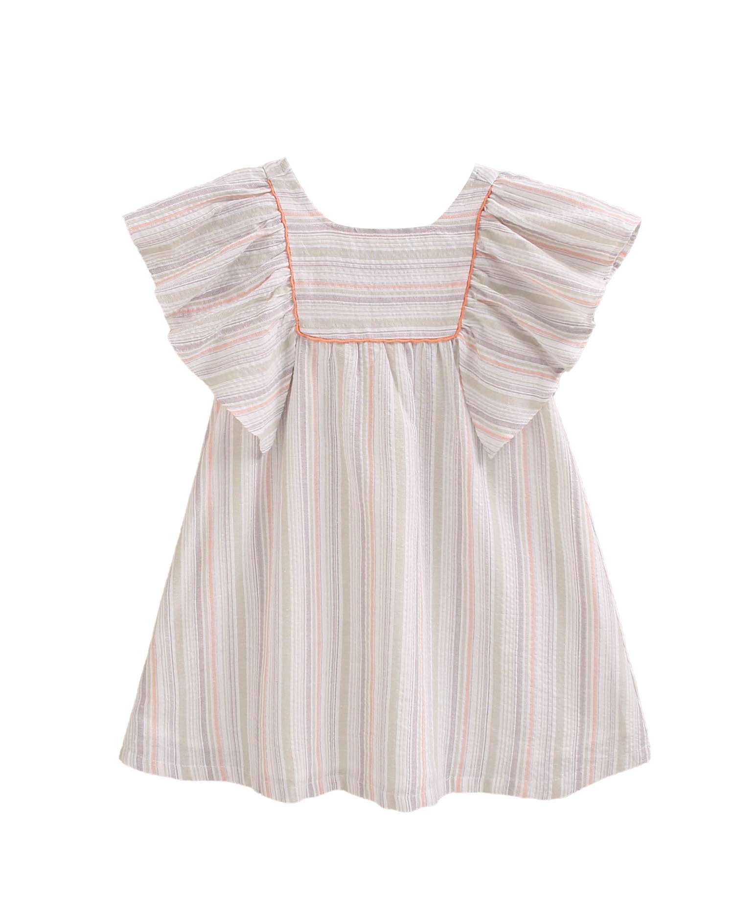 Vestido Infantil Às Riscas com Manga Folho e Peitilho Quadrado Dadati Cinzento-claro-4