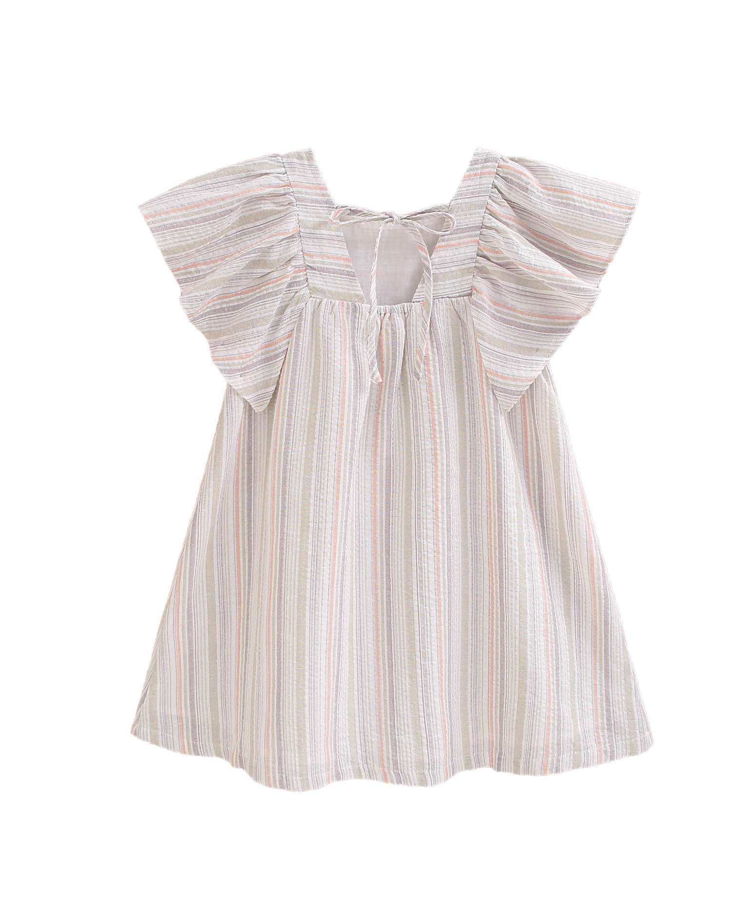 Vestido Infantil Às Riscas com Manga Folho e Peitilho Quadrado Dadati Cinzento-claro-5