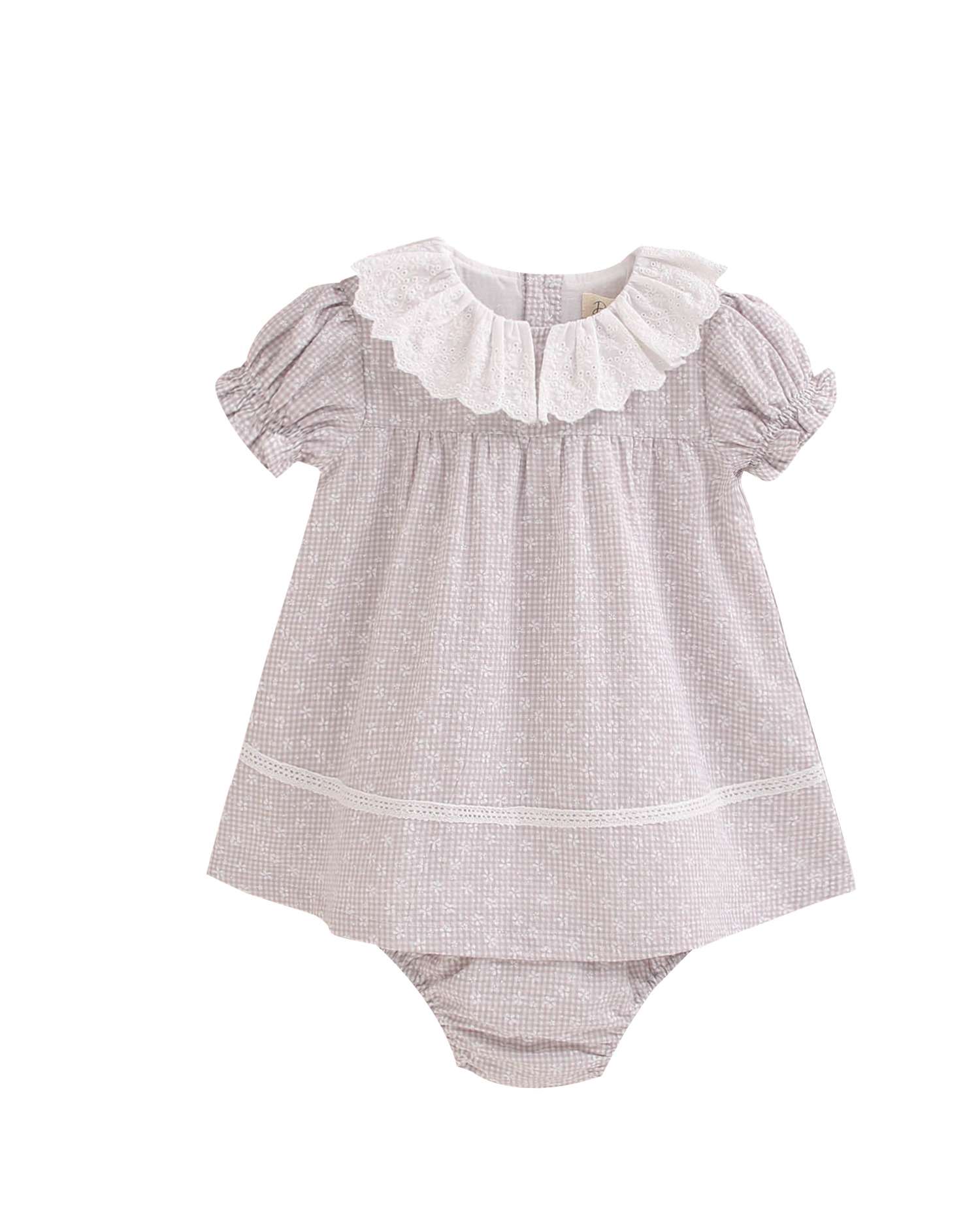 Vestido para Bebé em Cinzento Multiestampado com Manga Curta Abalonada e Gola Dadati Cinzento-claro-1