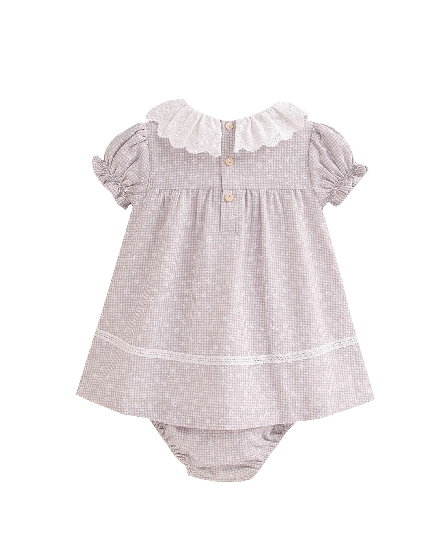 Vestido para Bebé em Cinzento Multiestampado com Manga Curta Abalonada e Gola Dadati Cinzento-claro-2