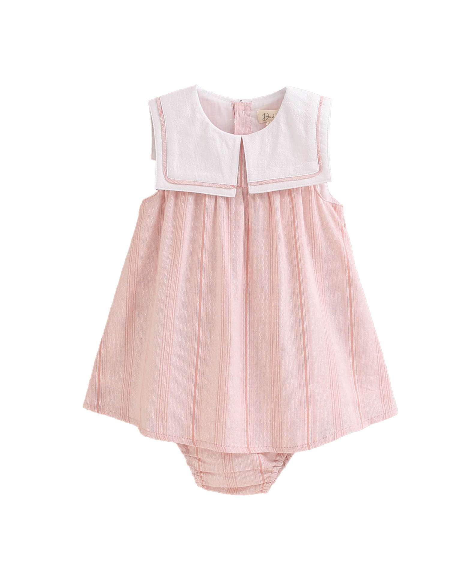 Vestido para Bebé Às Riscas com Gola Quadrada e Gola em Conjunto Dadati Rosa-claro-1