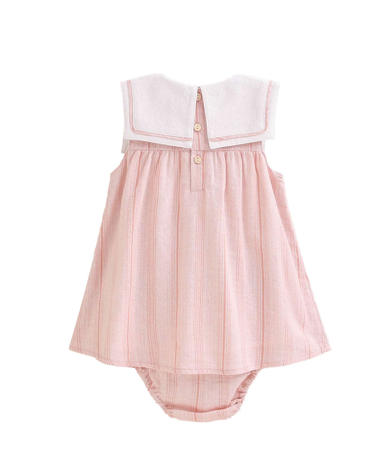 Vestido para Bebé Às Riscas com Gola Quadrada e Gola em Conjunto Dadati Rosa-claro-2
