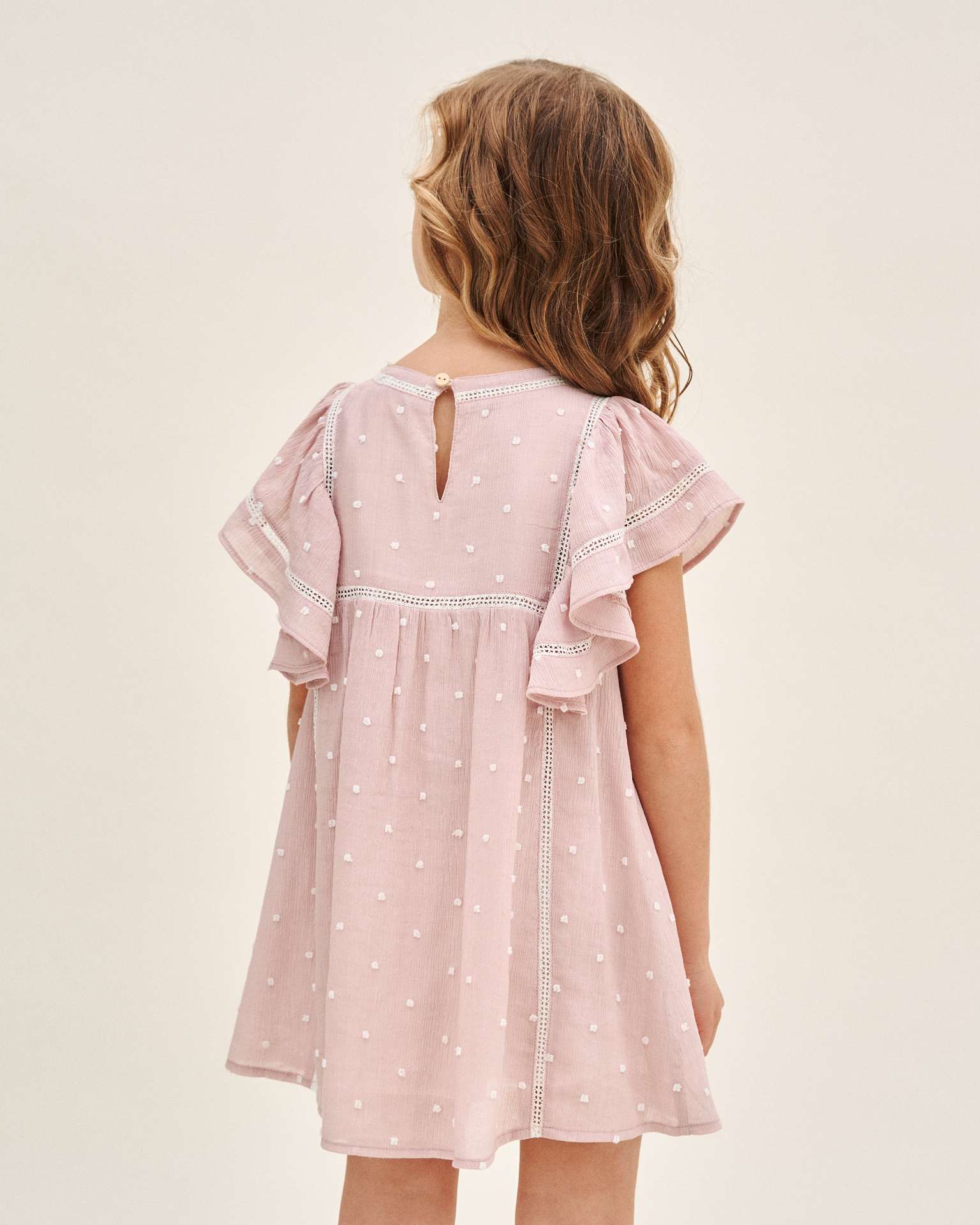 Vestido Infantil de Plumeti com Mini Bolinhas e Manga Folho Dadati Rosa-2