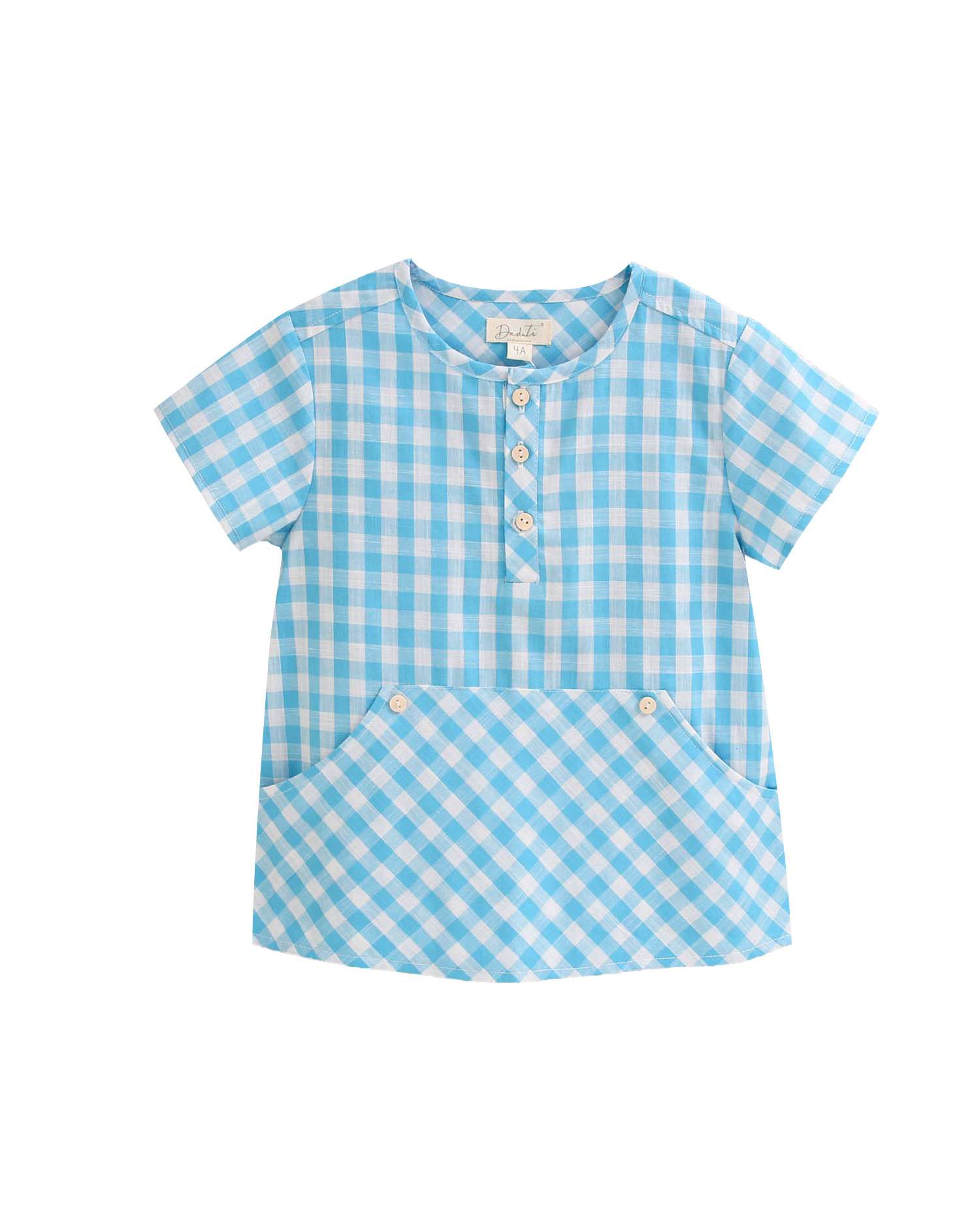 Camisa Infantil de Manga Curta Aos Quadrados Vichy Turquesa-1