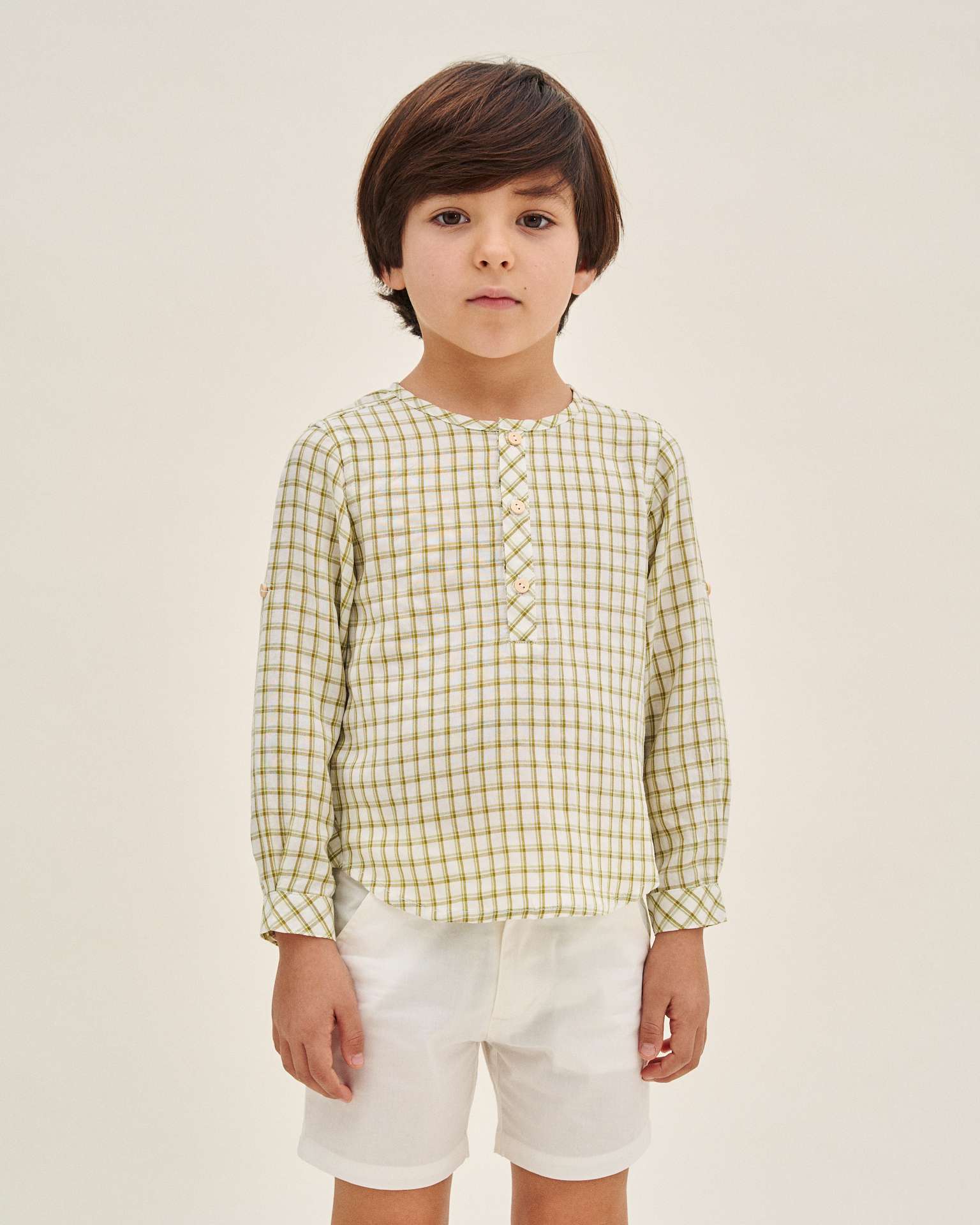 Camisa Infantil de Manga Comprida e Estampado Aos Quadrados Verde-1