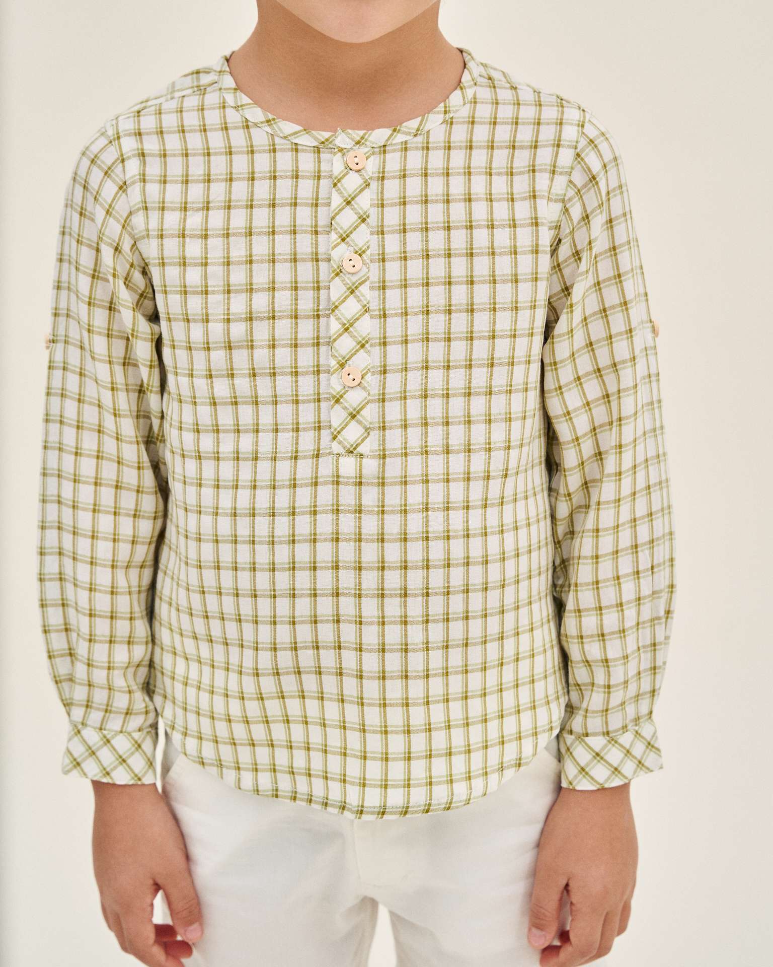 Camisa Infantil de Manga Comprida e Estampado Aos Quadrados Verde-3