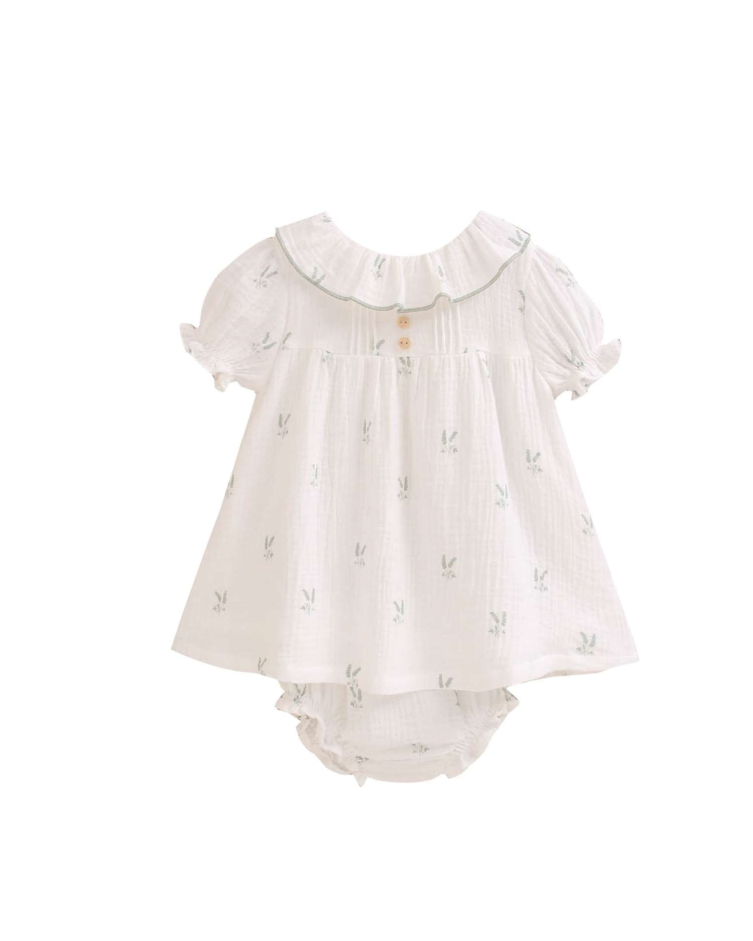 Imagem 0 de Vestido para Bebé em Cru com Estampado de Ramos e Gola em Conjunto