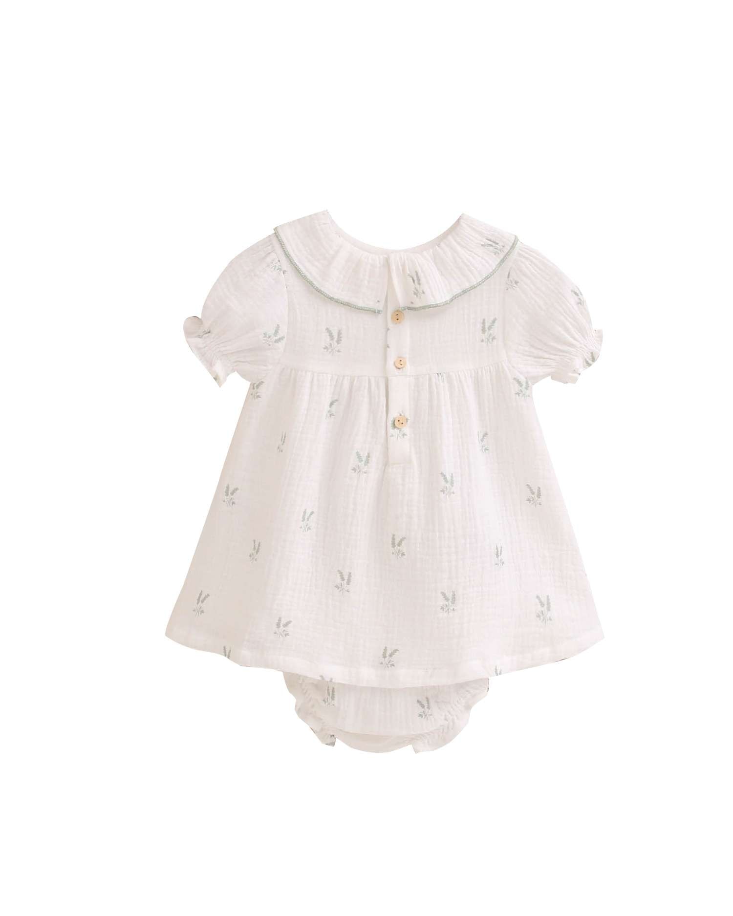 Vestido para Bebé em Cru com Estampado de Ramos e Gola em Conjunto Cru-2