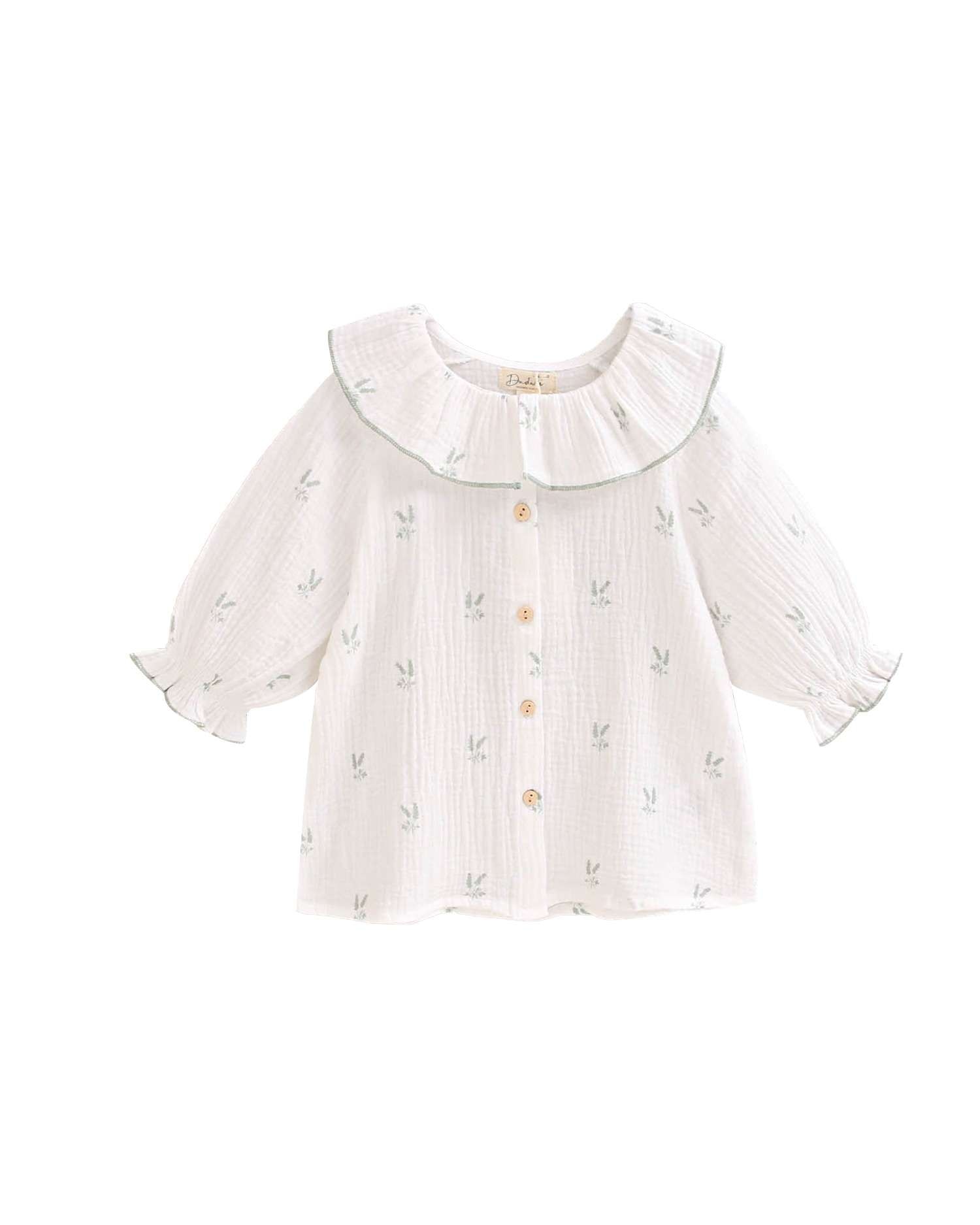 Blusa Infantil de Muselina em Cru com Estampado de Ramos e Gola Folho Dadati Cru-4