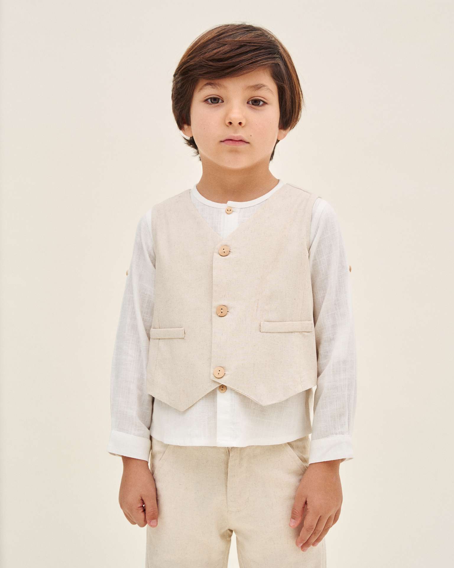 Colete Infantil de Linho Castanho-claro-3