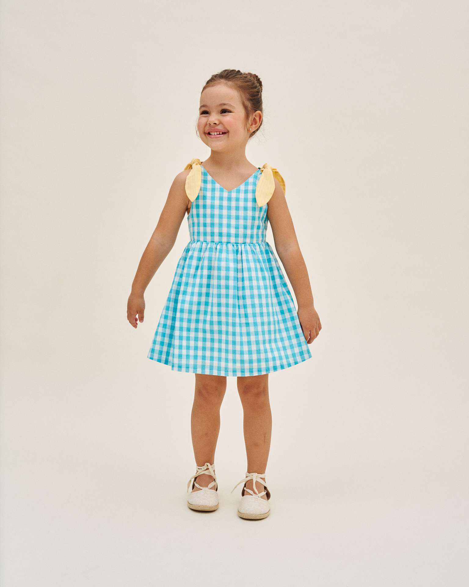 Vestido Infantil Aos Quadrados Vichy e Laços Dadati Azul-turquesa-1