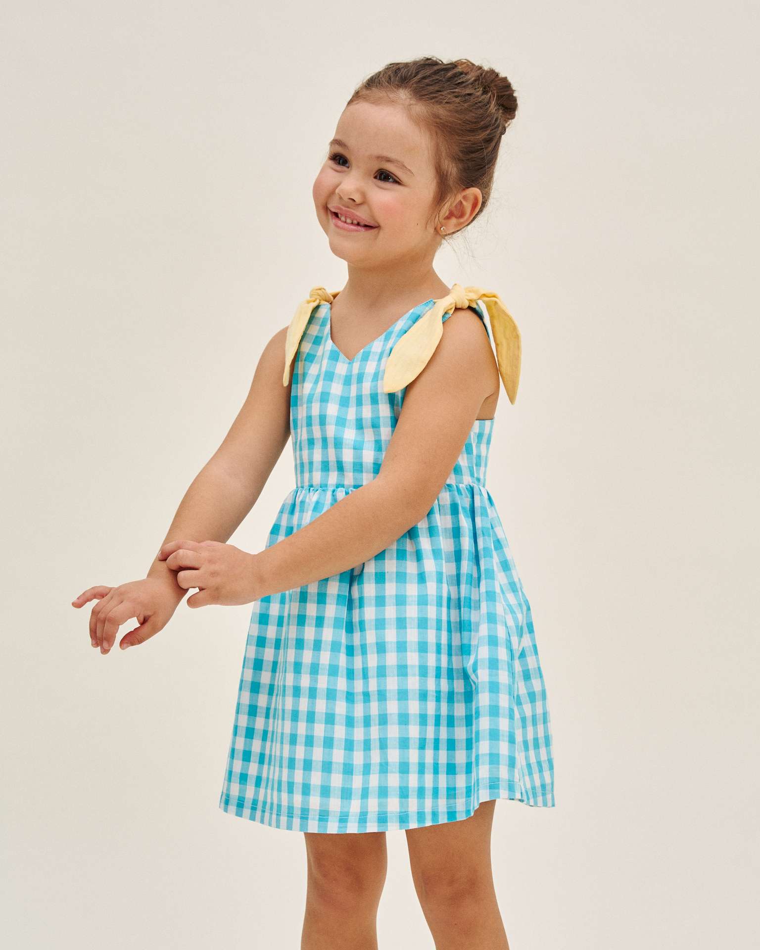 Vestido Infantil Aos Quadrados Vichy e Laços Dadati Azul-turquesa-3