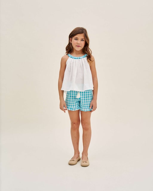 Imagem 0 de Blusa Branca com Decote Halter e Entrançado Vichy Turquesa