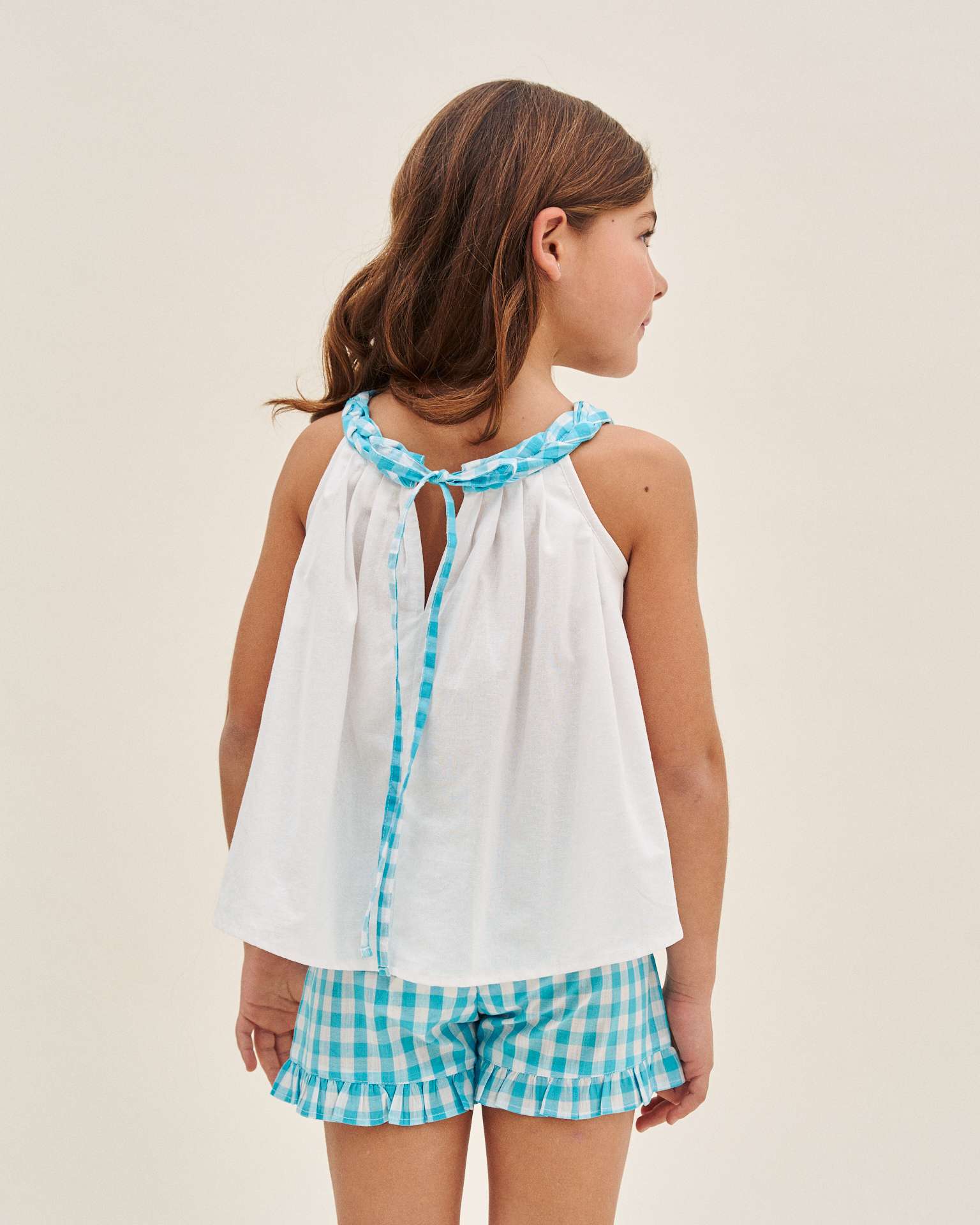 Blusa Infantil com Gola Halter Entrançada Vichy Azul oceano / Turquesa-2