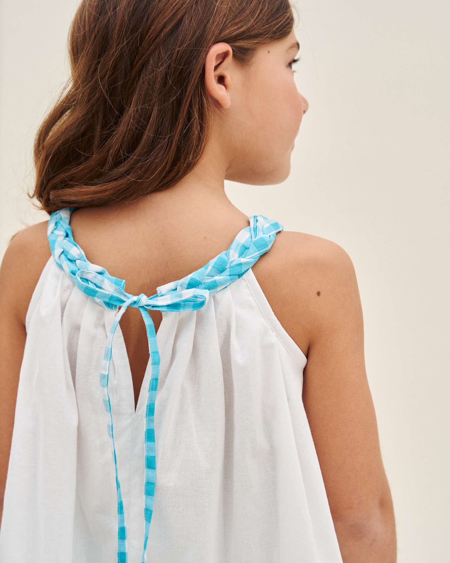 Blusa Infantil com Gola Halter Entrançada Vichy Azul oceano / Turquesa-3