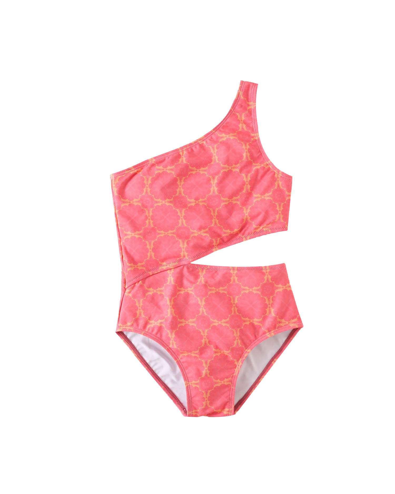 Fato de Banho Infantil Cut Out Estampado Retro com Alça Assimétrica Dadati Fúcsia-1