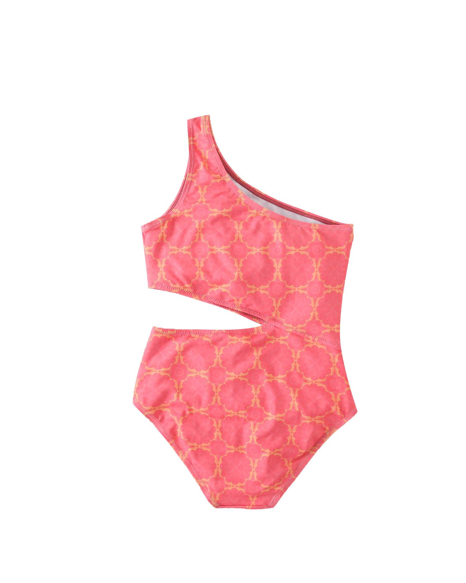 Fato de Banho Infantil Cut Out Estampado Retro com Alça Assimétrica Dadati Fúcsia-2