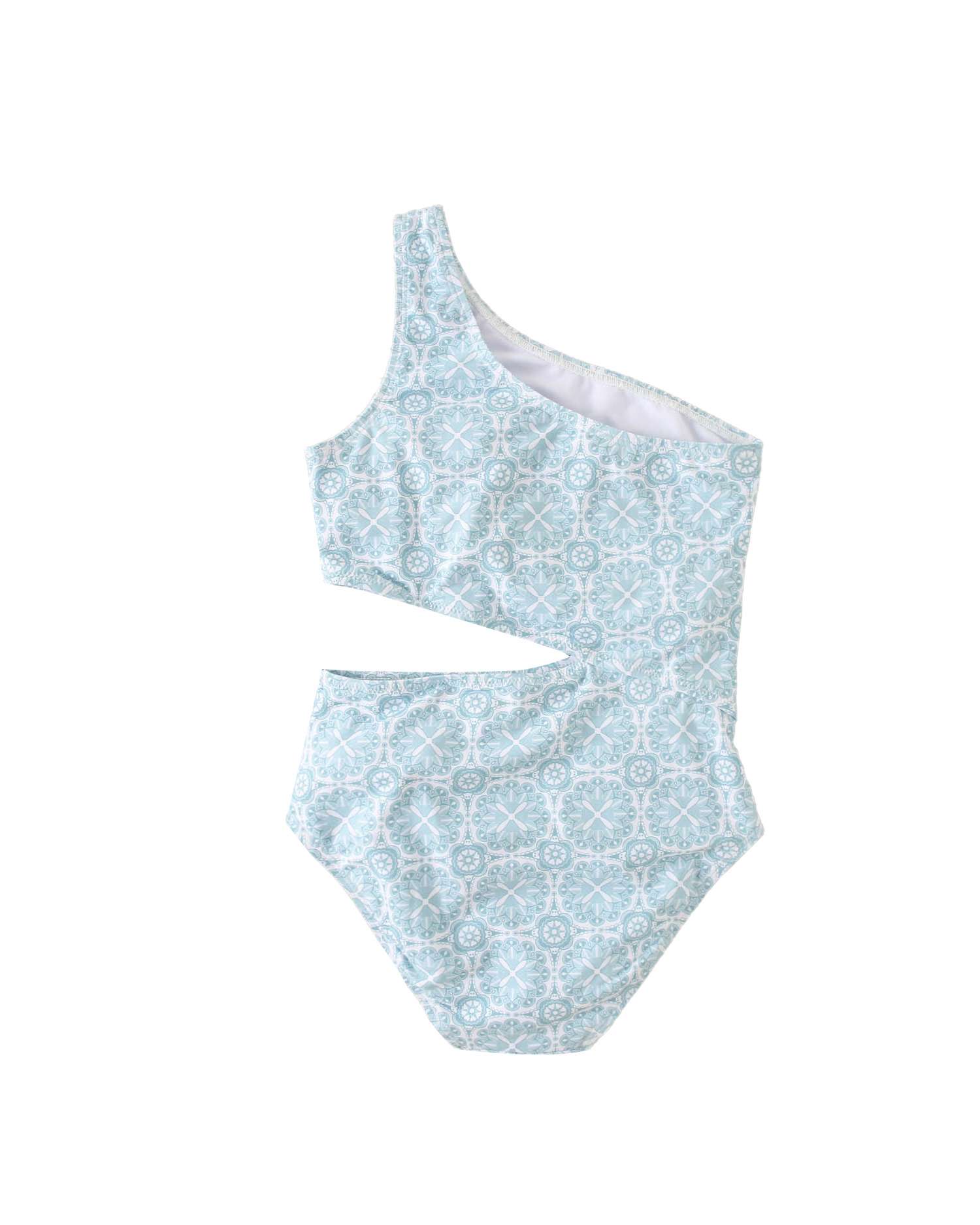 Fato de Banho Infantil Cut Out Estampado Retro com Alça Assimétrica Dadati Azul-celeste-2