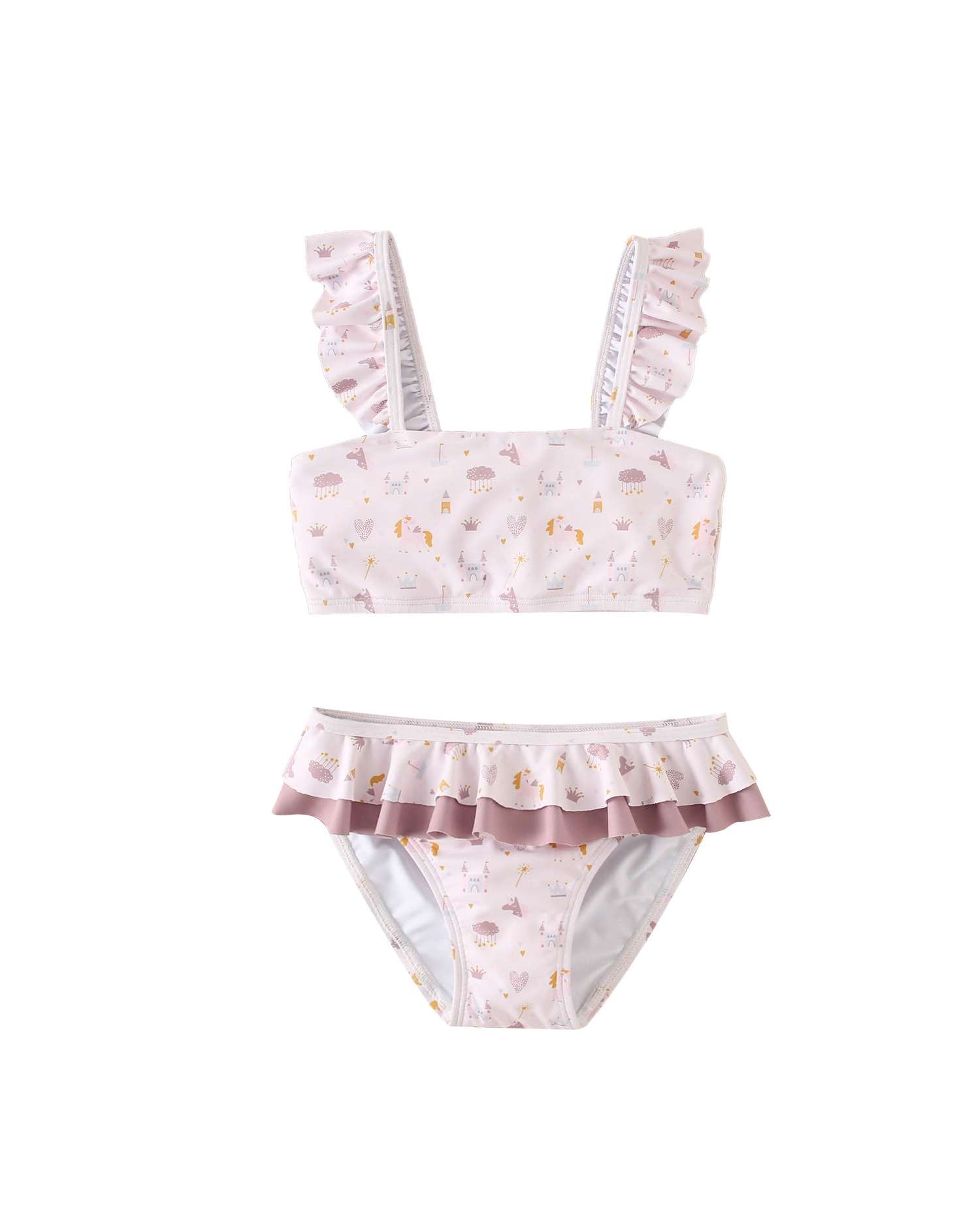 Biquíni Infantil Estampado Unicórnios com Folhos Malva-1