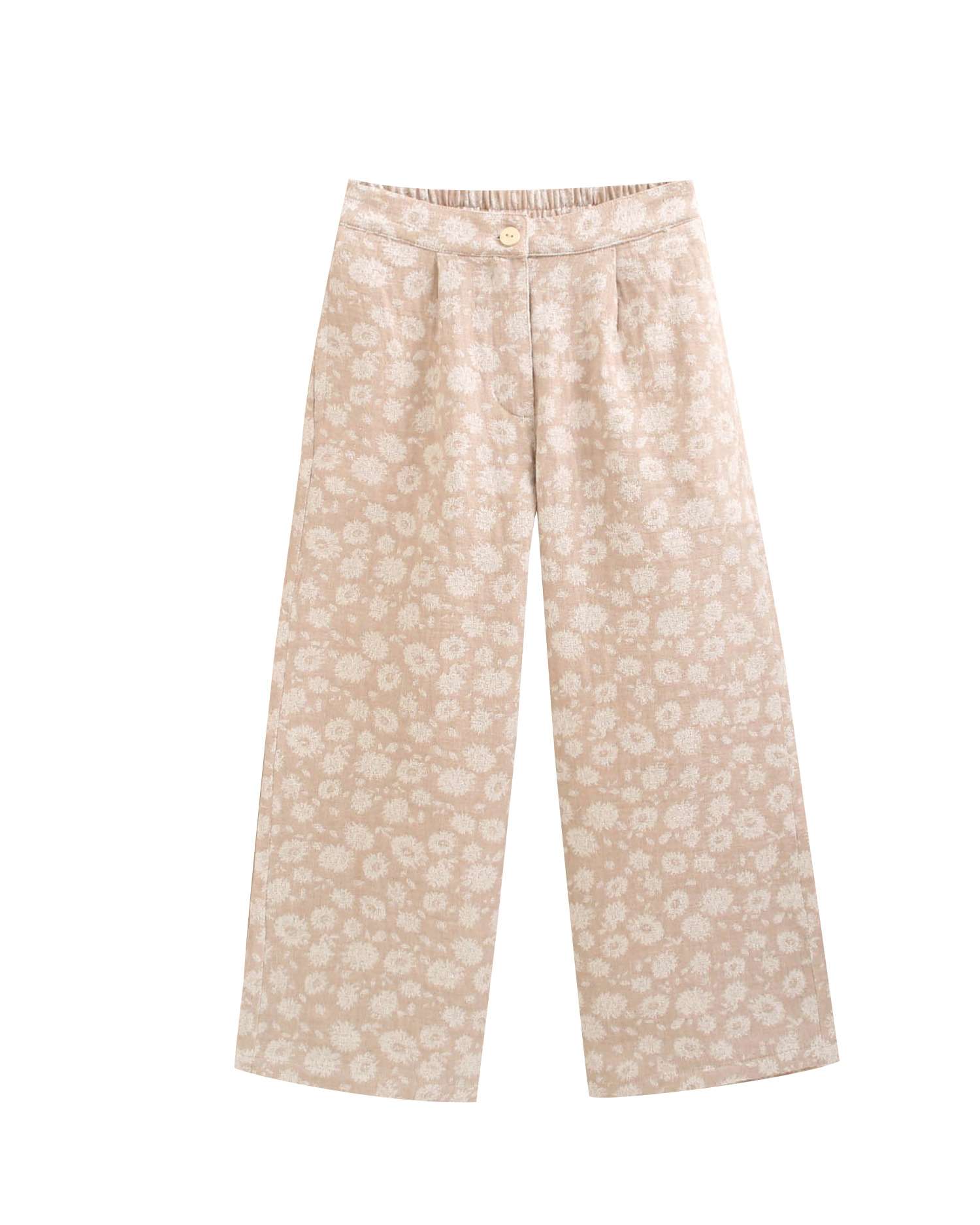 Calças Compridas com Estampado Floral Corte Culotte Natural-4