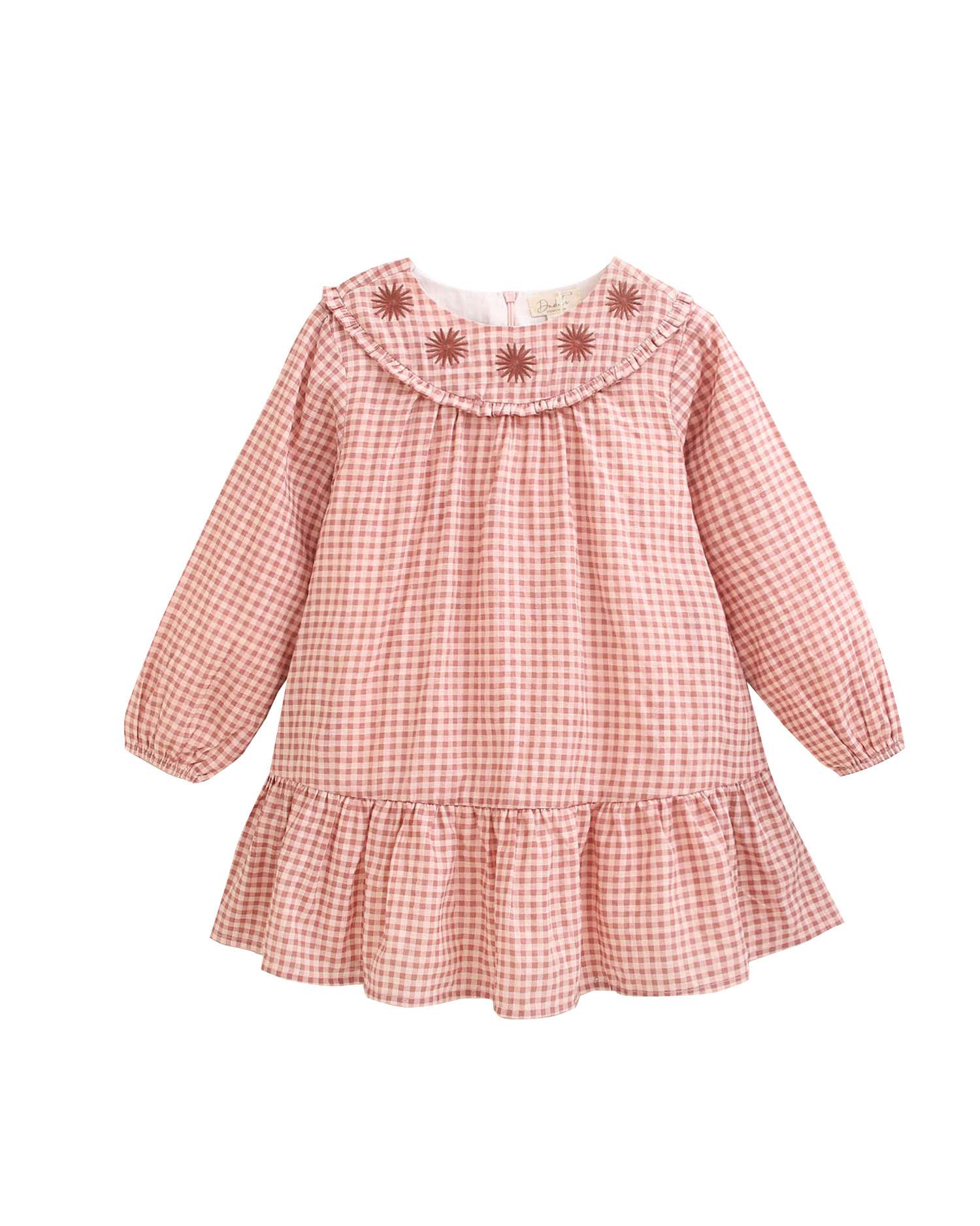 Vestido Aos Quadrados Infantil e Detalhe de Flores Bordadas Rosa-claro-4