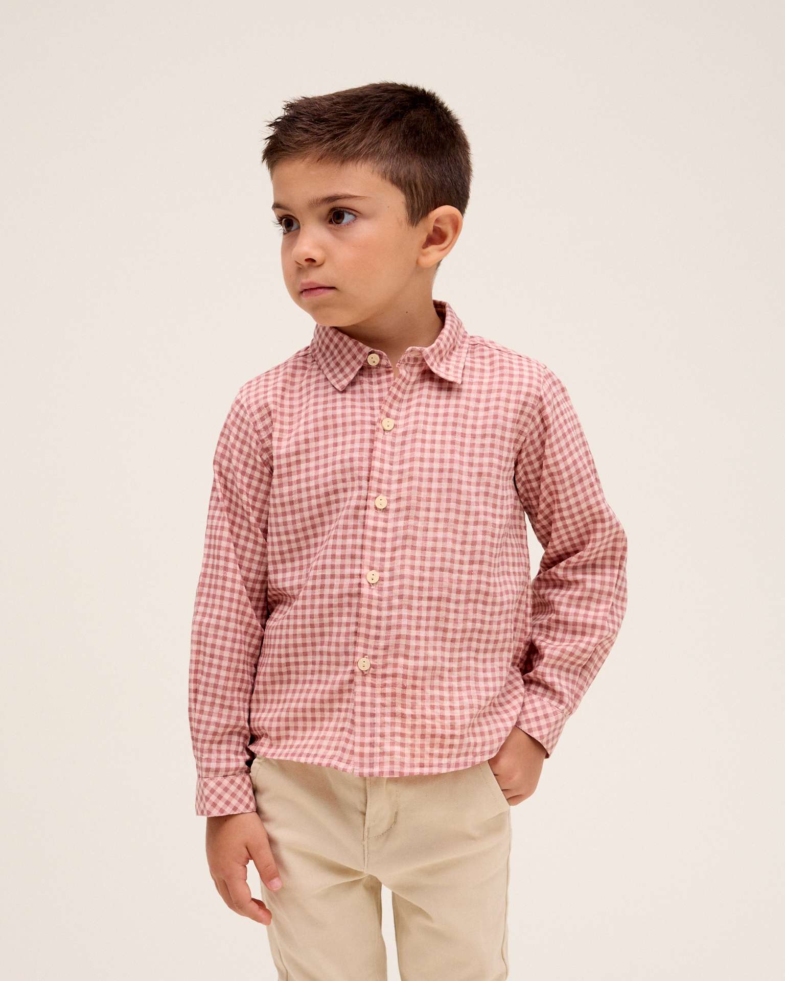 Camisa Infantil de Manga Comprida Aos Quadrados Vermelho / Branco-2