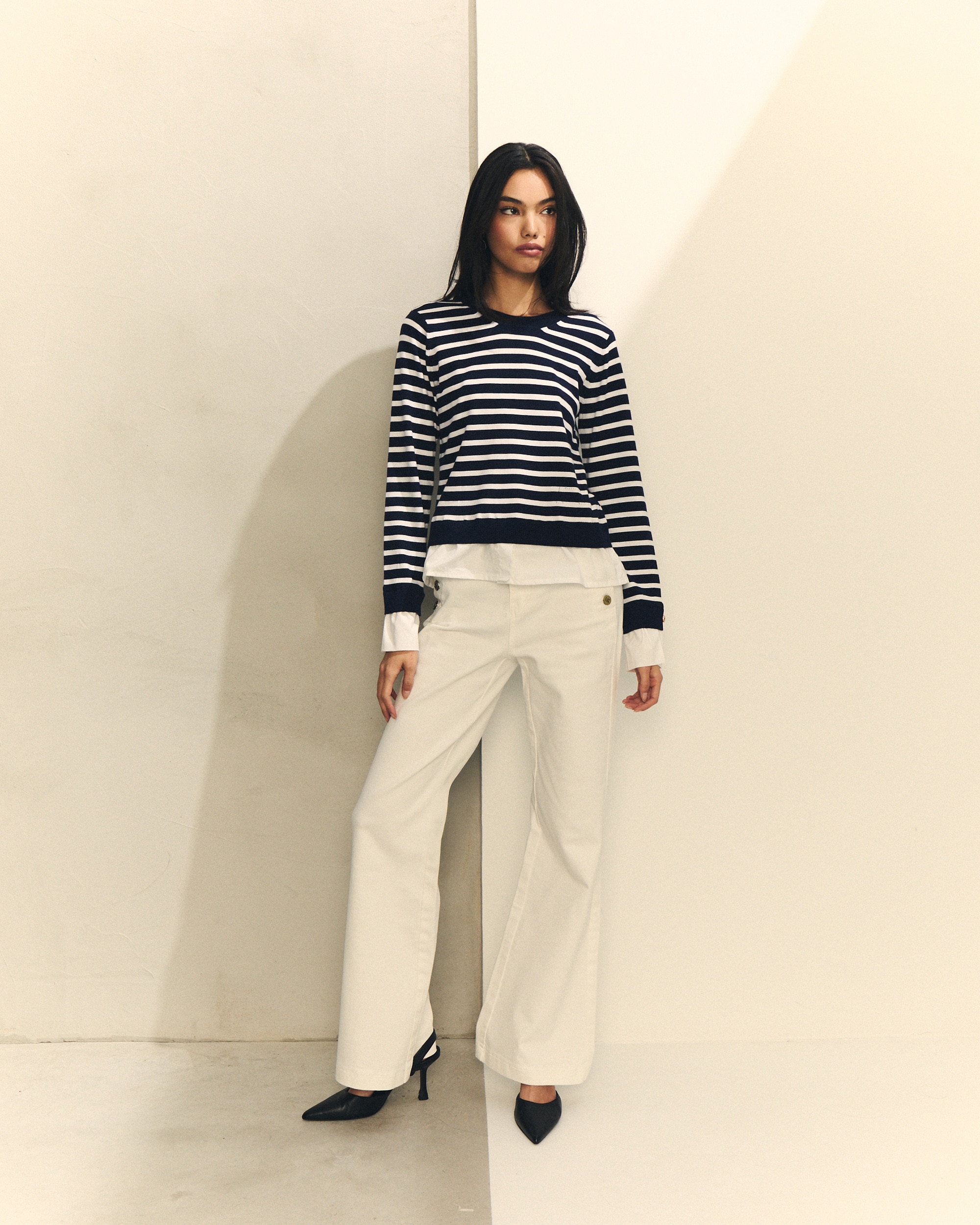 Camisola de Malha com Tecido Contraste Branco / Azul-2