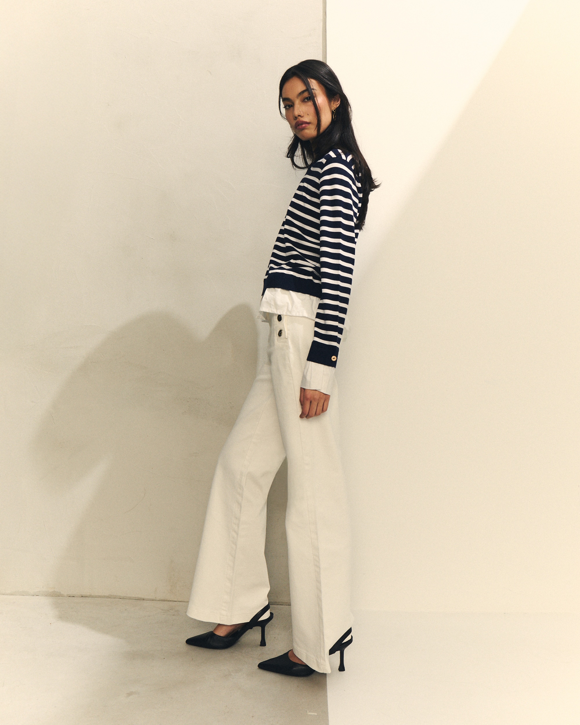 Camisola de Malha com Tecido Contraste Branco / Azul-3