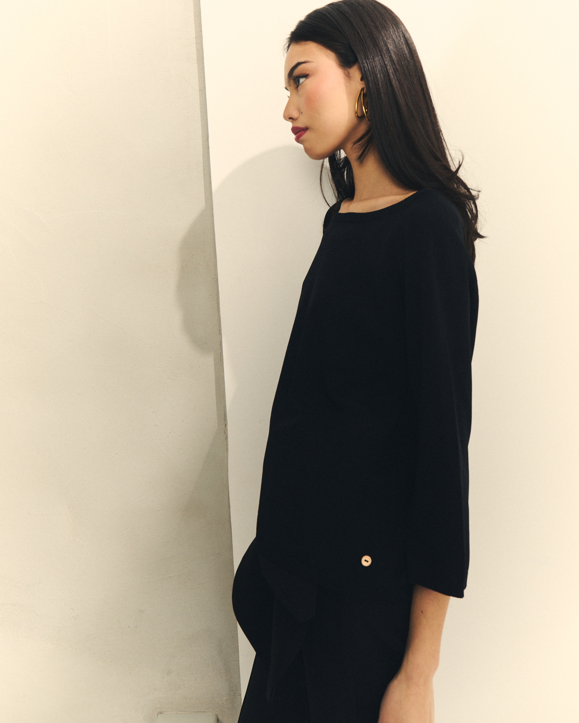 Camisola de Malha com Manga 3/4 e Ombros Ranglan Preto-2