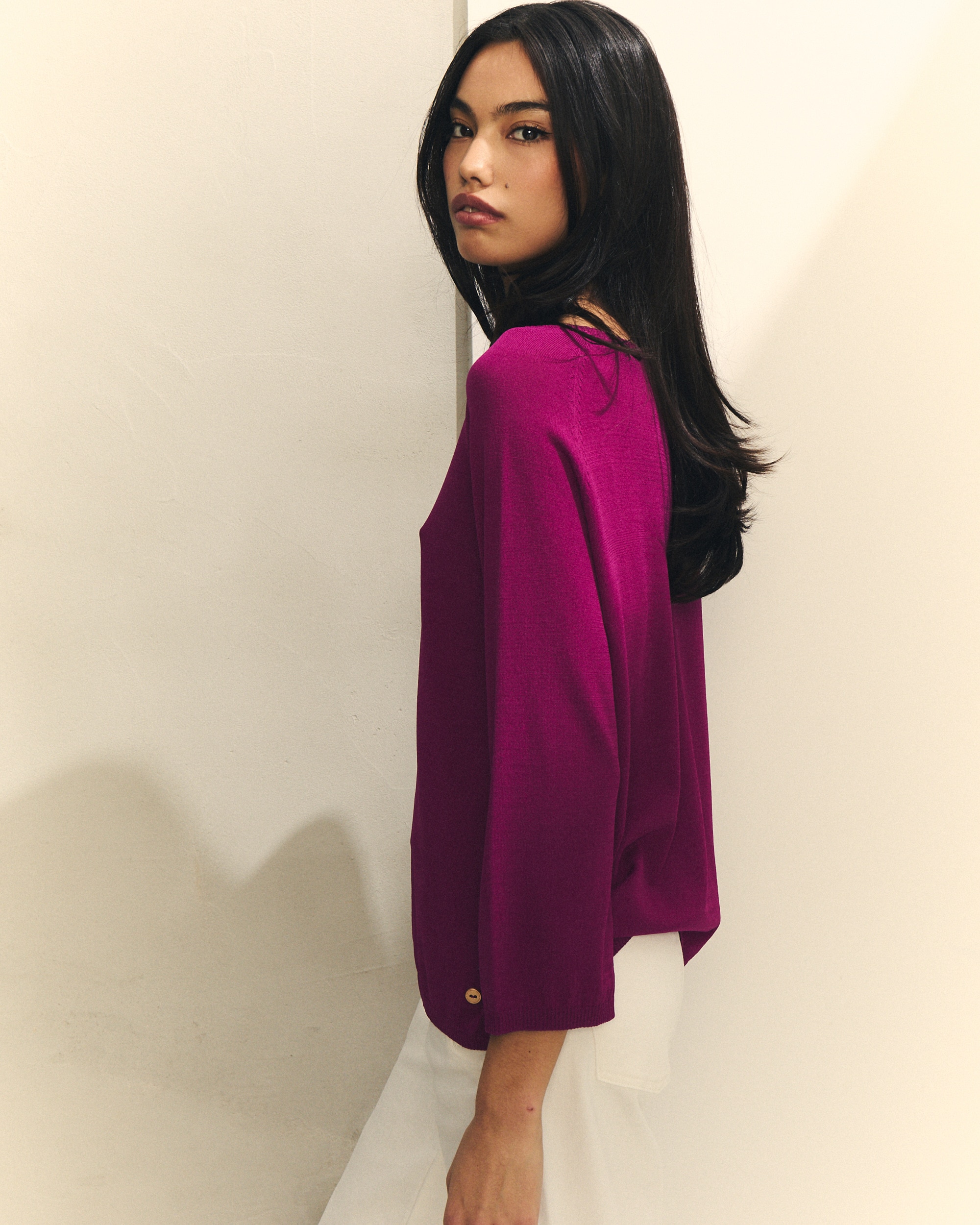 Camisola de Malha com Manga 3/4 e Ombros Ranglan Roxo-2