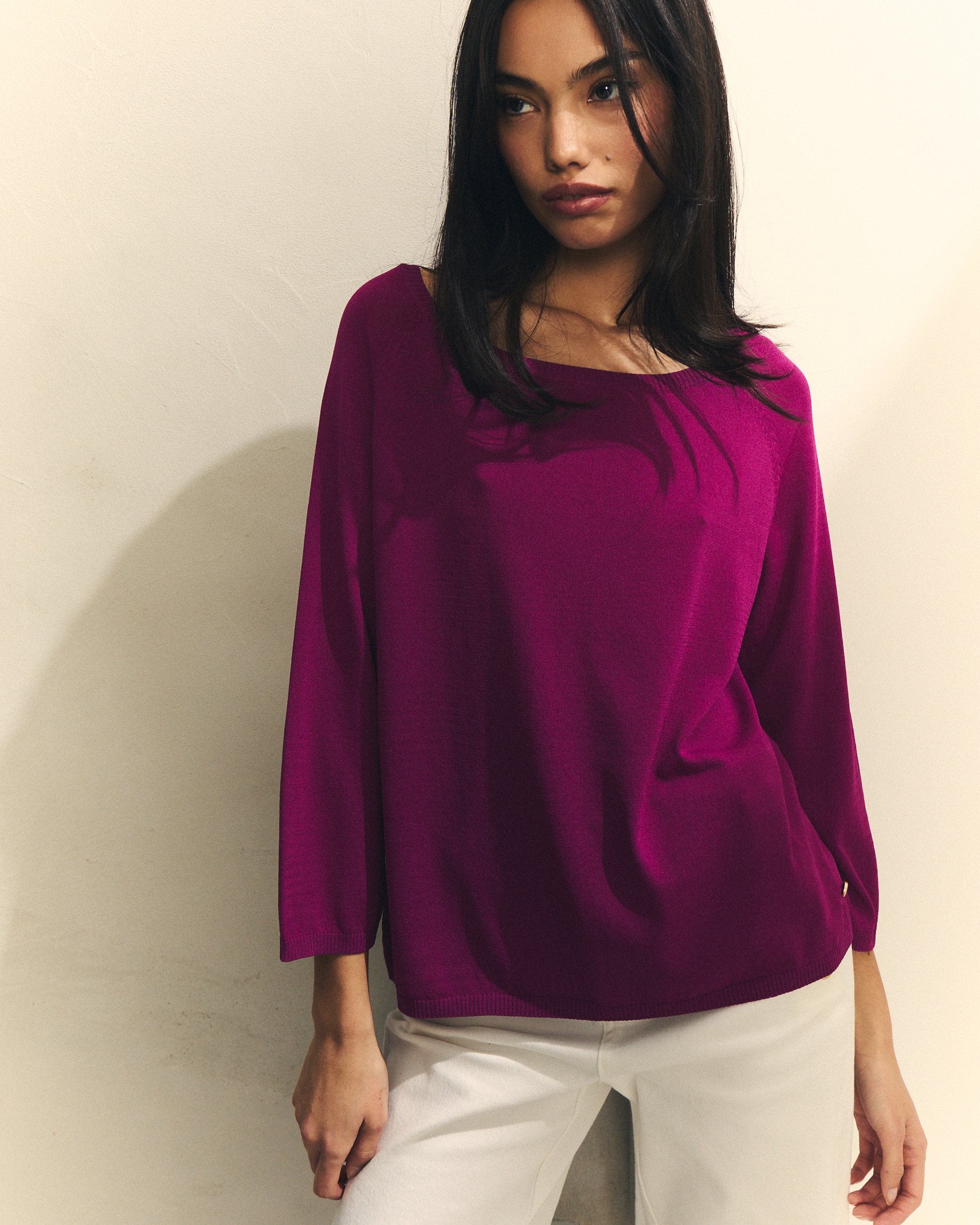 Camisola de Malha com Manga 3/4 e Ombros Ranglan Roxo-4
