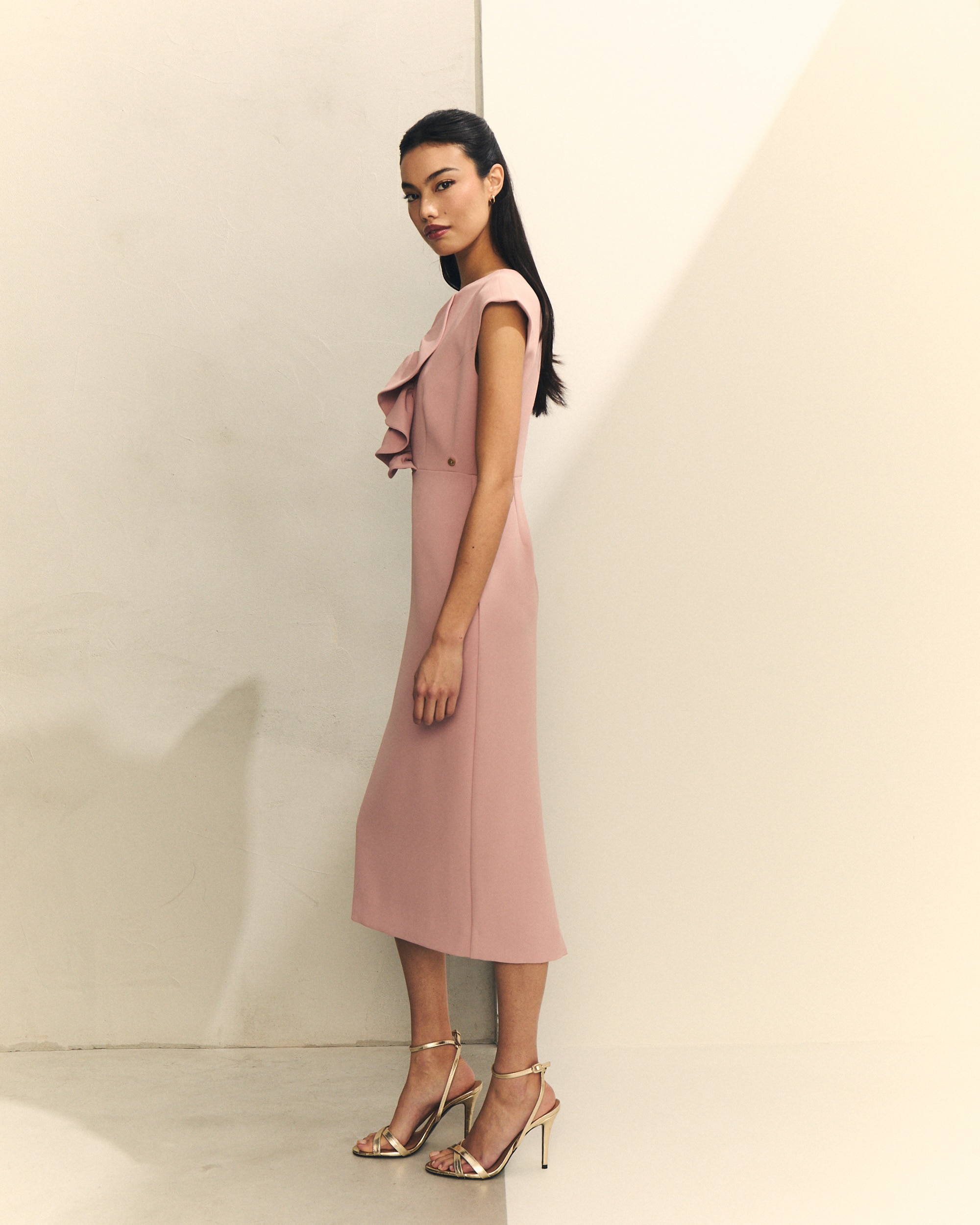 Vestido Midi de Manga Curta com Folho Rosa-claro-3