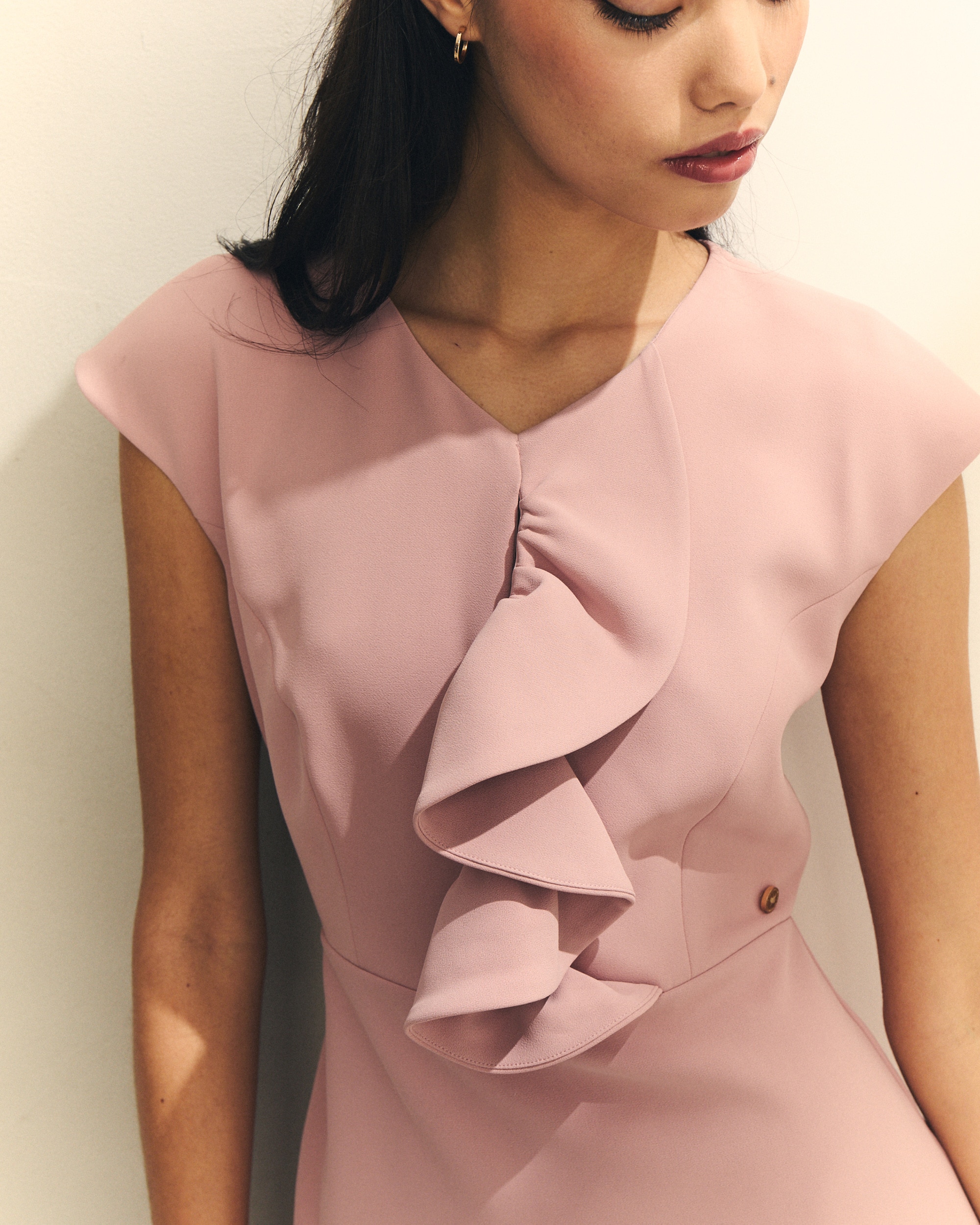 Vestido Midi de Manga Curta com Folho Rosa-claro-4