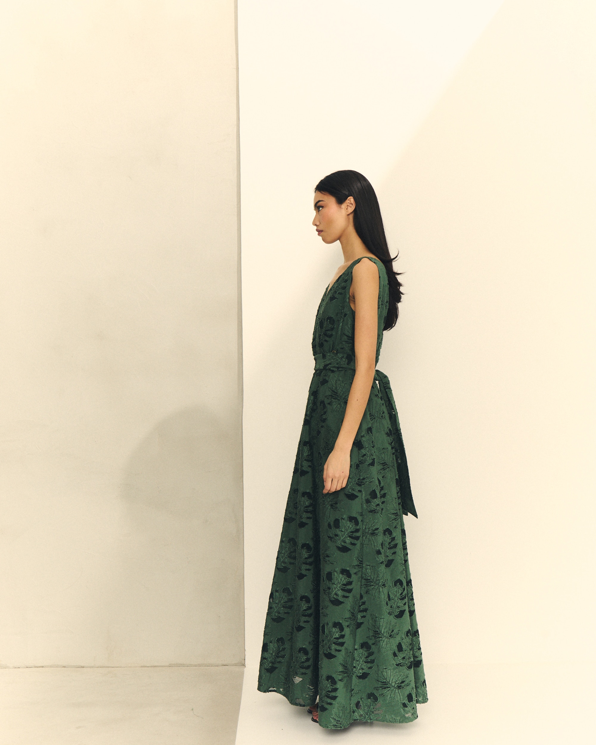 Vestido Comprido de Jacquard de Folhas Verde-escuro-3