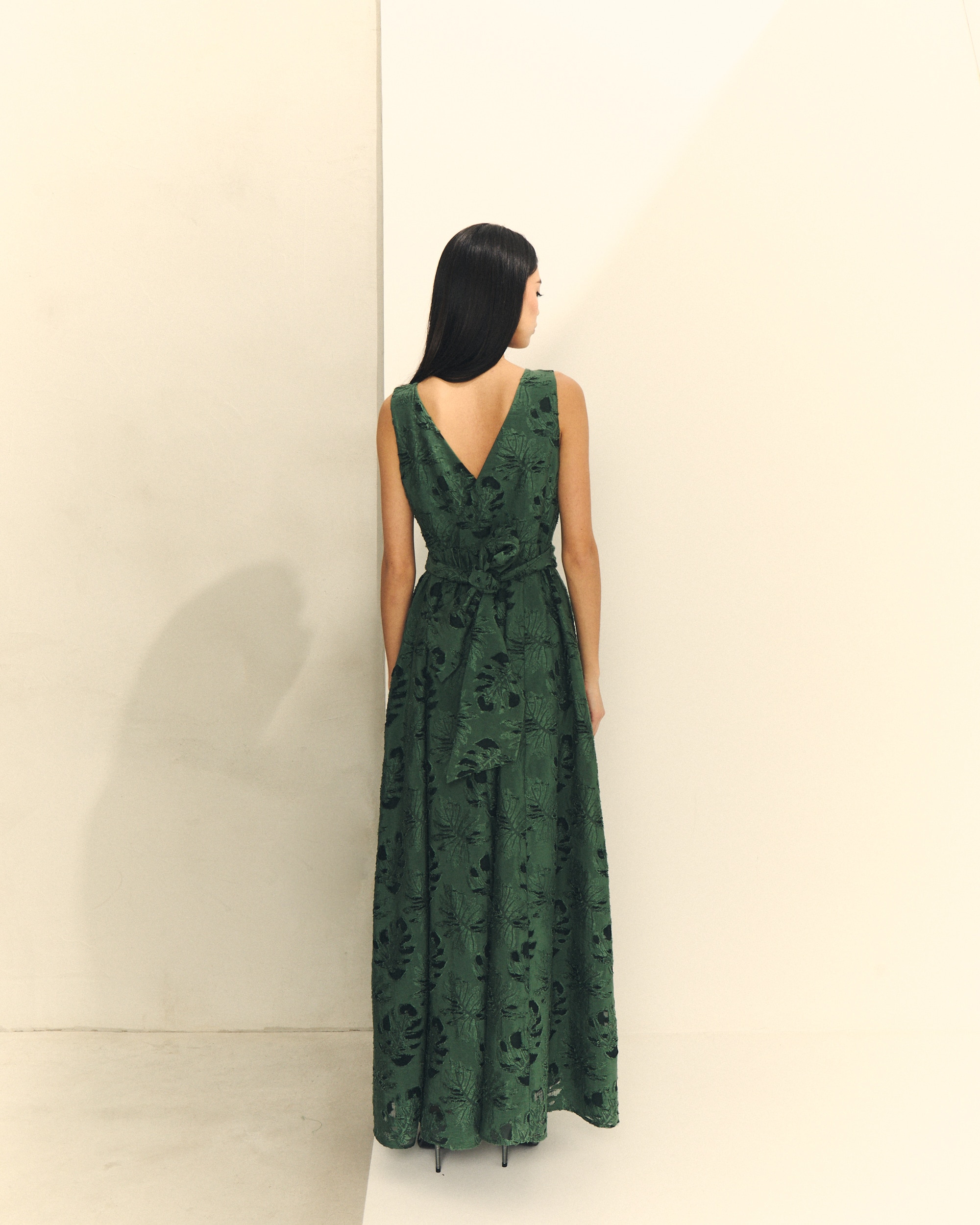 Vestido Comprido de Jacquard de Folhas Verde-escuro-4