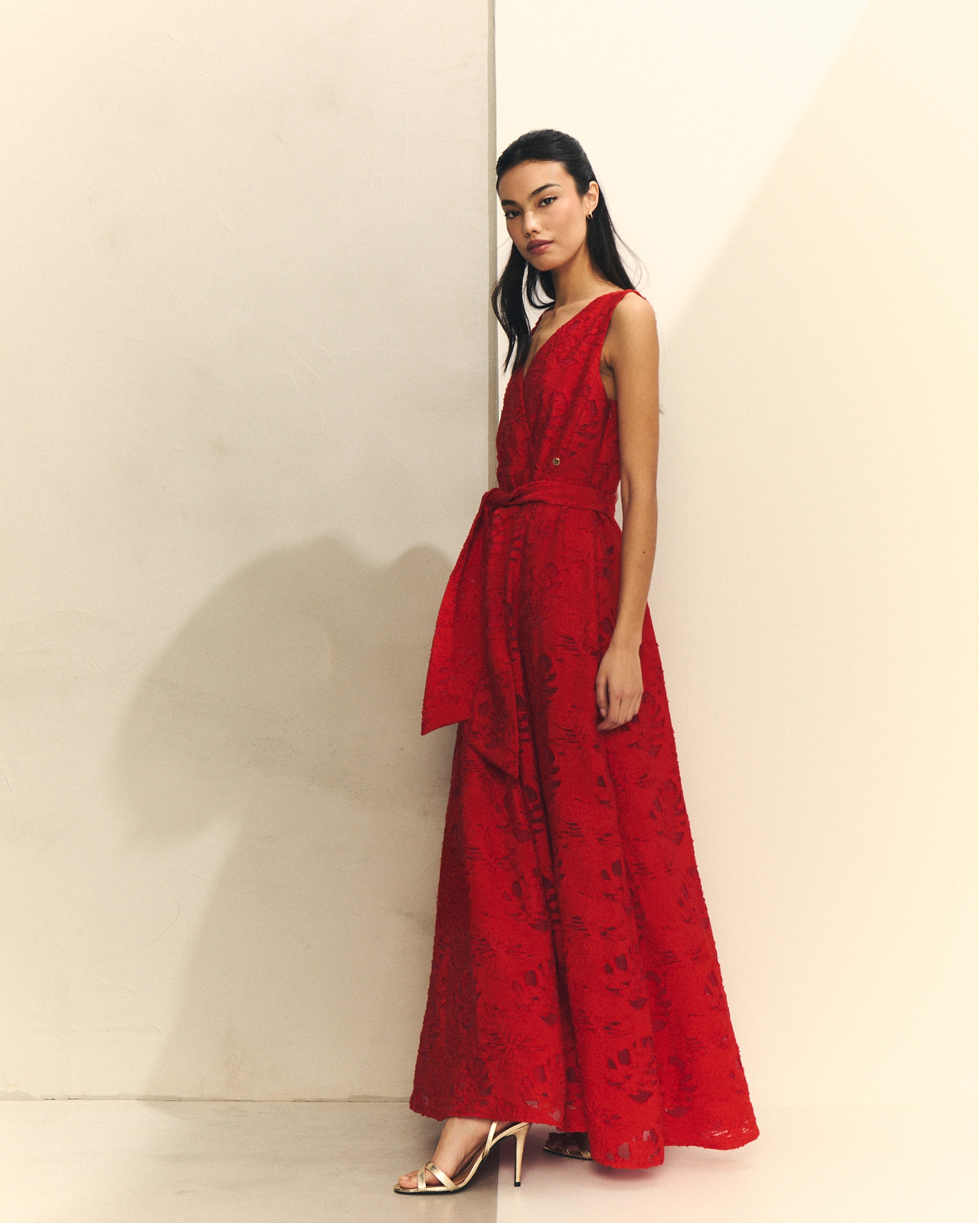 Vestido Comprido de Jacquard de Folhas Vermelho-2