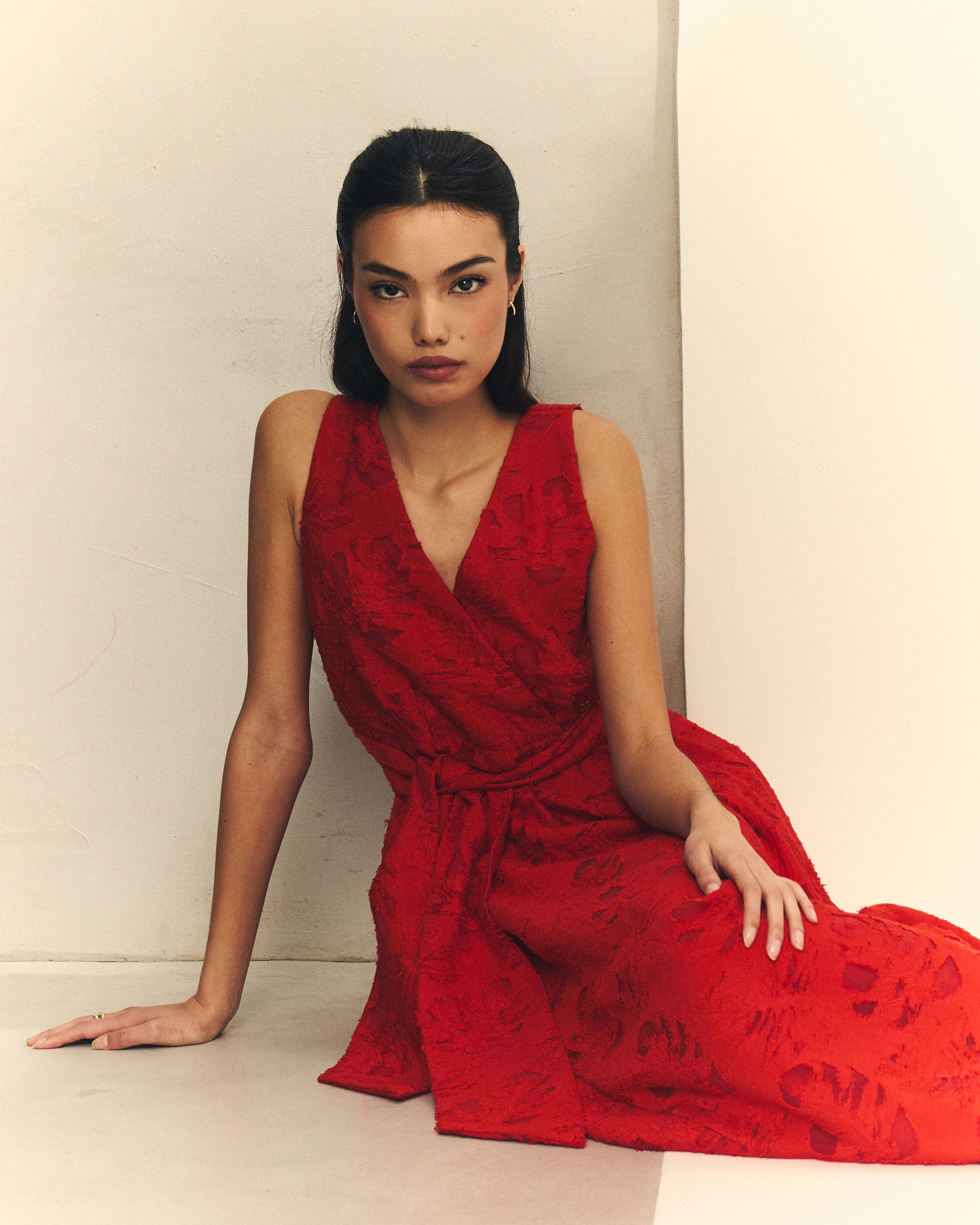 Vestido Comprido de Jacquard de Folhas Vermelho-4